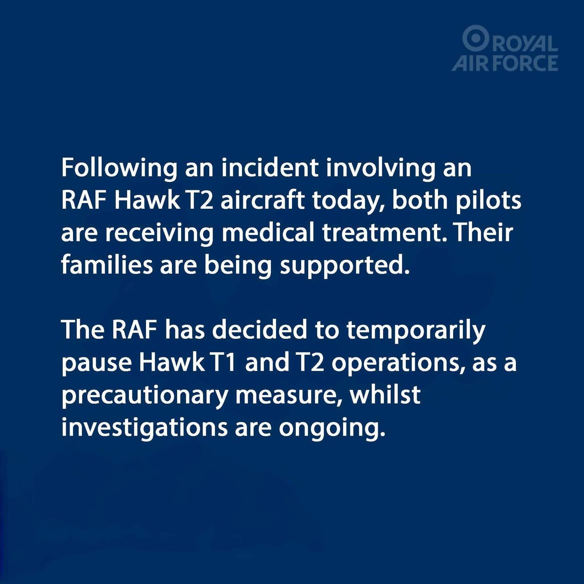 DefenceGeek's tweet photo. UPDATE: Hawk T.2 jet crash at RAF Valley

The RAF @RoyalAirForce has issued a further statement this evening in relation to today's crash:

@MATA_osint @UKDefJournal