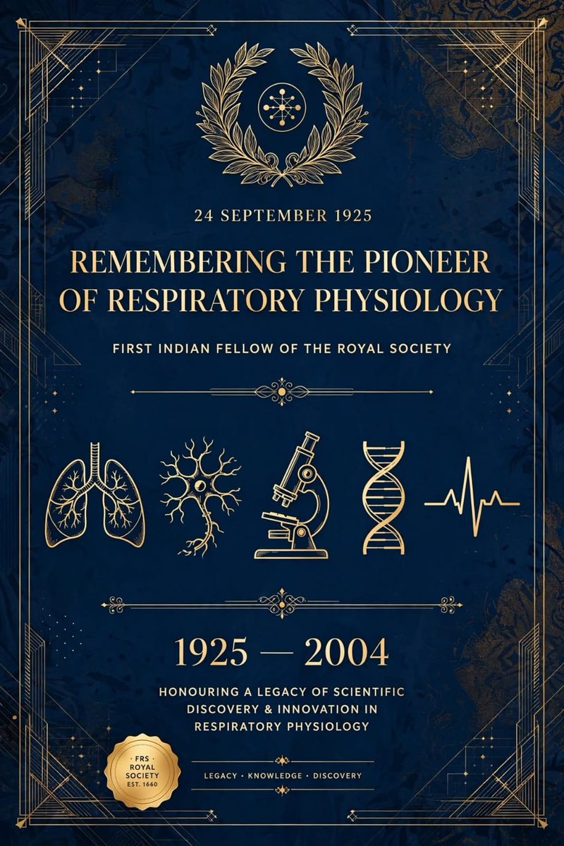 DattaSubi's tweet photo. *Heartfelt Tribute to Dr. Autar Singh Paintal*
*24.09.1925 to 21.12.2004*

Dr. Autar Singh Paintal was the Father of Modern Indian Physiology and one of India's greatest medical scientists.

*Born:* 24 September 1925, Mogok, Burma (Myanmar) — his father Dr. Man Singh was a doctor in British Medical Service. Died: 21 December 2004, Delhi.

*Education:* King George Medical College, Lucknow (1948), PhD from University of Edinburgh (1953) as Rockefeller Fellow.

*Major Discoveries:*
- Developed *single-fiber technique* to record nerve impulses — a revolutionary method.
- Discovered *J-receptors (Juxtapulmonary Capillary receptors)* in lungs in 1955 — considered the _First Great Discovery in Medicine in Independent India_. These receptors explain breathlessness, cough, and muscle pain.
- Also discovered atrial B receptors, ventricular pressure receptors, stomach stretch receptors, muscle pain receptors.
- Coined the term *Fusimotor neurons*.

*Positions:*
- Professor at AIIMS, New Delhi
- Director of Vallabhbhai Patel Chest Institute (VPCI), Delhi (1964-1990)
- Director General of ICMR

*Honours:*
- First Indian Physiologist to become *Fellow of the Royal Society (FRS), London*
- *Padma Vibhushan (1986)*, Padma Shri earlier
- Fellow of Royal Society of Edinburgh, Honorary Member of American Physiological Society

He showed that true science needs integrity, curiosity and simplicity. He is remembered for his famous convocation speech — "Try to achieve perfection in your chosen activity.