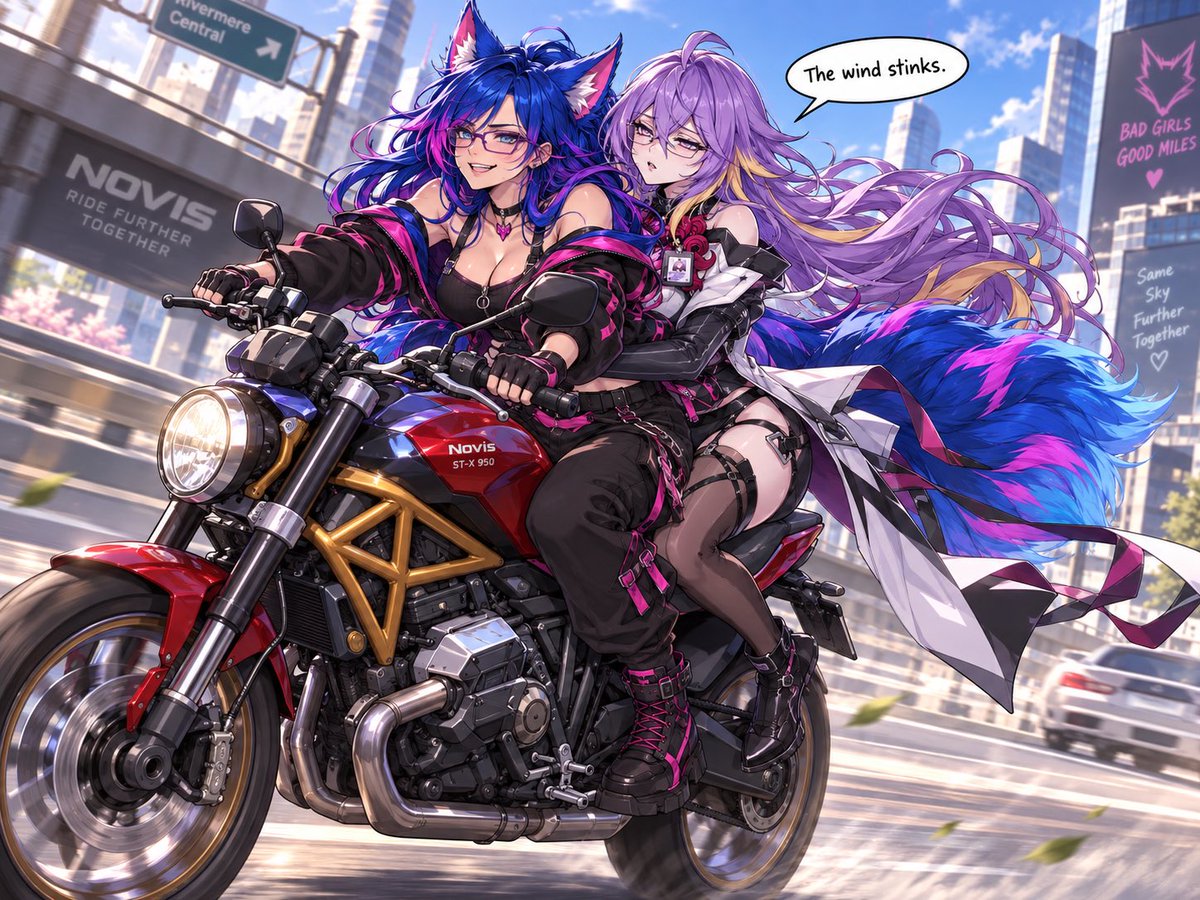 ItsJublifox's tweet photo. Took my girl for a ride on the Novis ST-X 950 thinking we were about to have a soft romantic moment.
Fadia really held onto me and said, “The wind stinks.”
And somehow that still counts as affection. 💙💜🏍️
#Jublifox #NTE #Fadia #fanart https://t.co/Q04zepTXXK