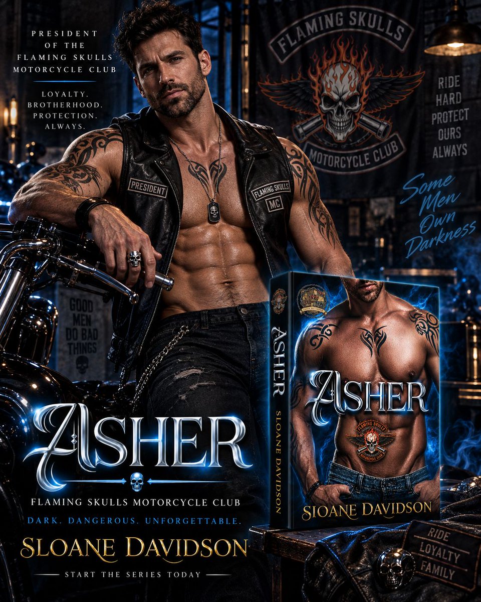 PDesigns16's tweet photo. He doesn’t ask for loyalty.

He commands it. 

As President of the Flaming Skulls MC, Asher protects his brothers, his club, and what belongs to him.

Dangerous. Loyal. Unforgettable.

ASHER
by Sloane Davidson

#MCRomance #FlamingSkullsMC #Asher https://t.co/CVUAdktUFr