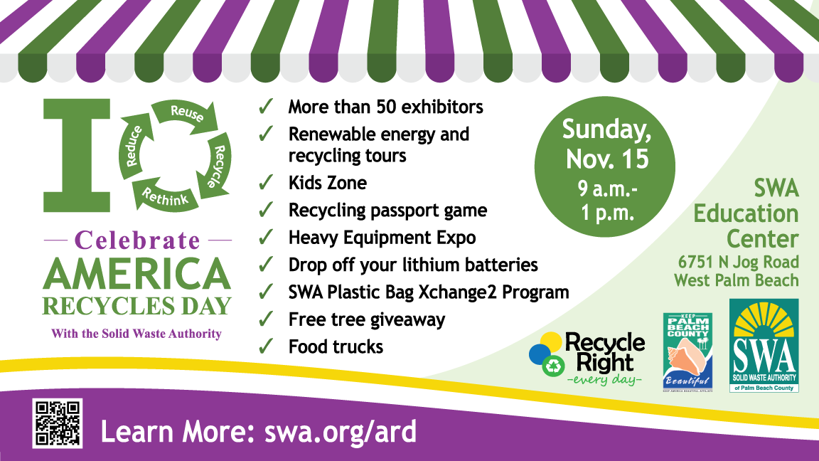 SWAPBC's tweet photo. SWA EVENT NEWS:  Celebrate America Recycles Day with the SWA

Learn More: https://t.co/4CCYp9lihd

It is the policy of the Solid Waste Authority of Palm Beach County not to resolve customer complaints or respond to inquiries on social media. If you have a collection-related issue in unincorporated Palm Beach County, please contact our Customer Service team at 561-697-2700 or contactcis@swa.org to have your issue resolved in a timely manner.
