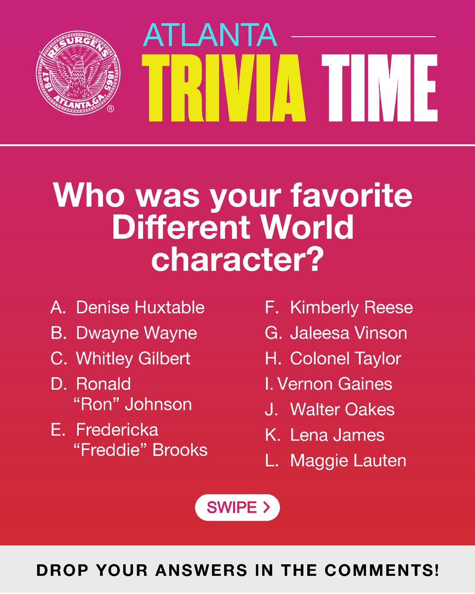 CityofAtlanta's tweet photo. Atlanta, it’s TRIVIA TIME!

We’re throwing it back to A Different World. Who was your favorite character?
Whitley? Dwayne? Freddie? Ron? Kim? Or someone else? Tell us your pick and your favorite A Different World memory below! https://t.co/GX1aYO5xcP