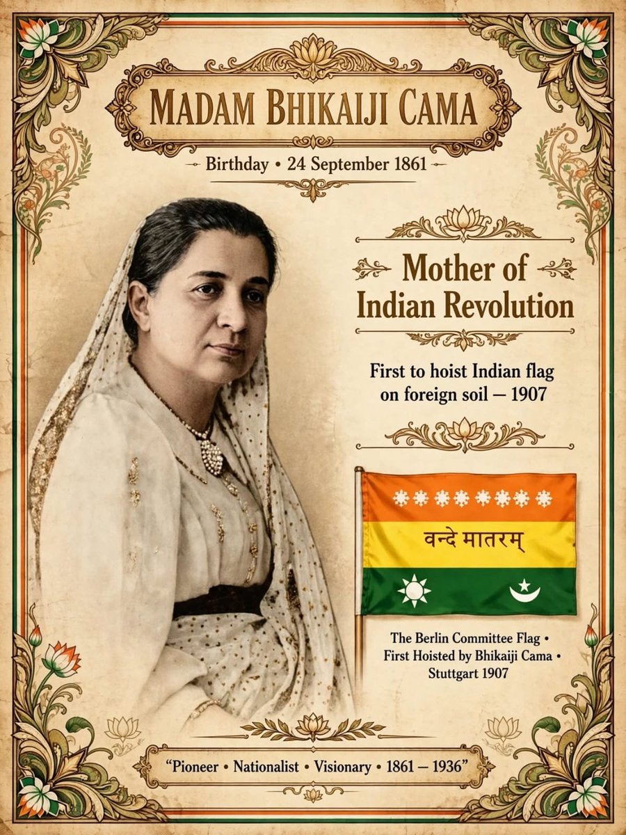DattaSubi's tweet photo. *Heartfelt Tribute to Madam Bhikaiji Cama on her Birth Anniversary — 24 September 1861*

Madam Bhikaiji Cama is called the *Mother of the Indian Revolution*.

*Born:* 24 September 1861, Navsari (then Bombay Presidency) in a wealthy Parsi family. Died: 13 August 1936, Bombay. Her parents were Sorabji Framji Patel and Jaijibai Patel. In 1885 she married Rustom Cama.

*Why we remember her:*

On *22 August 1907*, at the *International Socialist Conference in Stuttgart, Germany*, she unfurled one of the first versions of the Indian National Flag — becoming the *first person to hoist the Indian flag on foreign soil*.

Her flag had green, saffron and red stripes, with 8 lotuses for 8 provinces, crescent moon and sun, and *Vande Mataram* written in the middle in Devanagari. That flag is now kept in Maratha and Kesari Library, Pune.

*Her Work:*
- After moving to London for health reasons, she met Dadabhai Naoroji and joined India House with Shyamji Krishna Varma, Veer Savarkar, Lala Hardayal.
- In 1909 she moved to Paris — her house became headquarters for Indian revolutionaries.
- She helped publish *Bande Mataram* newspaper, which was smuggled into India.
- During World War I, French authorities jailed her for 3 years for anti-British activities, but she kept contact with Indian, Irish and Egyptian revolutionaries.
- She fought not only for freedom but also for *women's rights* — spoke at Hyde Park, London.

*Legacy:* British called her dangerous, but Indians called her Mother. She returned to India in 1935 after 35 years in exile.

*Famous Words in Stuttgart:* "This flag is of Indian Independence! Behold, it is born! It is already sanctified by the blood of martyred Indian youth."

On her 164th Birth Anniversary today (24 Sep), we salute the brave lady who gave India its flag before India was free.