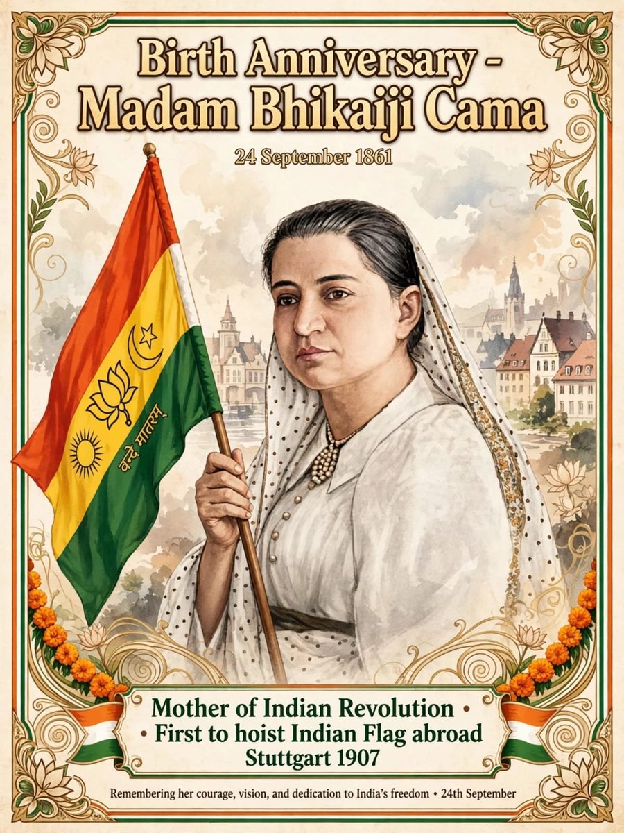 DattaSubi's tweet photo. *Heartfelt Tribute to Madam Bhikaiji Cama on her Birth Anniversary — 24 September 1861*

Madam Bhikaiji Cama is called the *Mother of the Indian Revolution*.

*Born:* 24 September 1861, Navsari (then Bombay Presidency) in a wealthy Parsi family. Died: 13 August 1936, Bombay. Her parents were Sorabji Framji Patel and Jaijibai Patel. In 1885 she married Rustom Cama.

*Why we remember her:*

On *22 August 1907*, at the *International Socialist Conference in Stuttgart, Germany*, she unfurled one of the first versions of the Indian National Flag — becoming the *first person to hoist the Indian flag on foreign soil*.

Her flag had green, saffron and red stripes, with 8 lotuses for 8 provinces, crescent moon and sun, and *Vande Mataram* written in the middle in Devanagari. That flag is now kept in Maratha and Kesari Library, Pune.

*Her Work:*
- After moving to London for health reasons, she met Dadabhai Naoroji and joined India House with Shyamji Krishna Varma, Veer Savarkar, Lala Hardayal.
- In 1909 she moved to Paris — her house became headquarters for Indian revolutionaries.
- She helped publish *Bande Mataram* newspaper, which was smuggled into India.
- During World War I, French authorities jailed her for 3 years for anti-British activities, but she kept contact with Indian, Irish and Egyptian revolutionaries.
- She fought not only for freedom but also for *women's rights* — spoke at Hyde Park, London.

*Legacy:* British called her dangerous, but Indians called her Mother. She returned to India in 1935 after 35 years in exile.

*Famous Words in Stuttgart:* "This flag is of Indian Independence! Behold, it is born! It is already sanctified by the blood of martyred Indian youth."

On her 164th Birth Anniversary today (24 Sep), we salute the brave lady who gave India its flag before India was free.