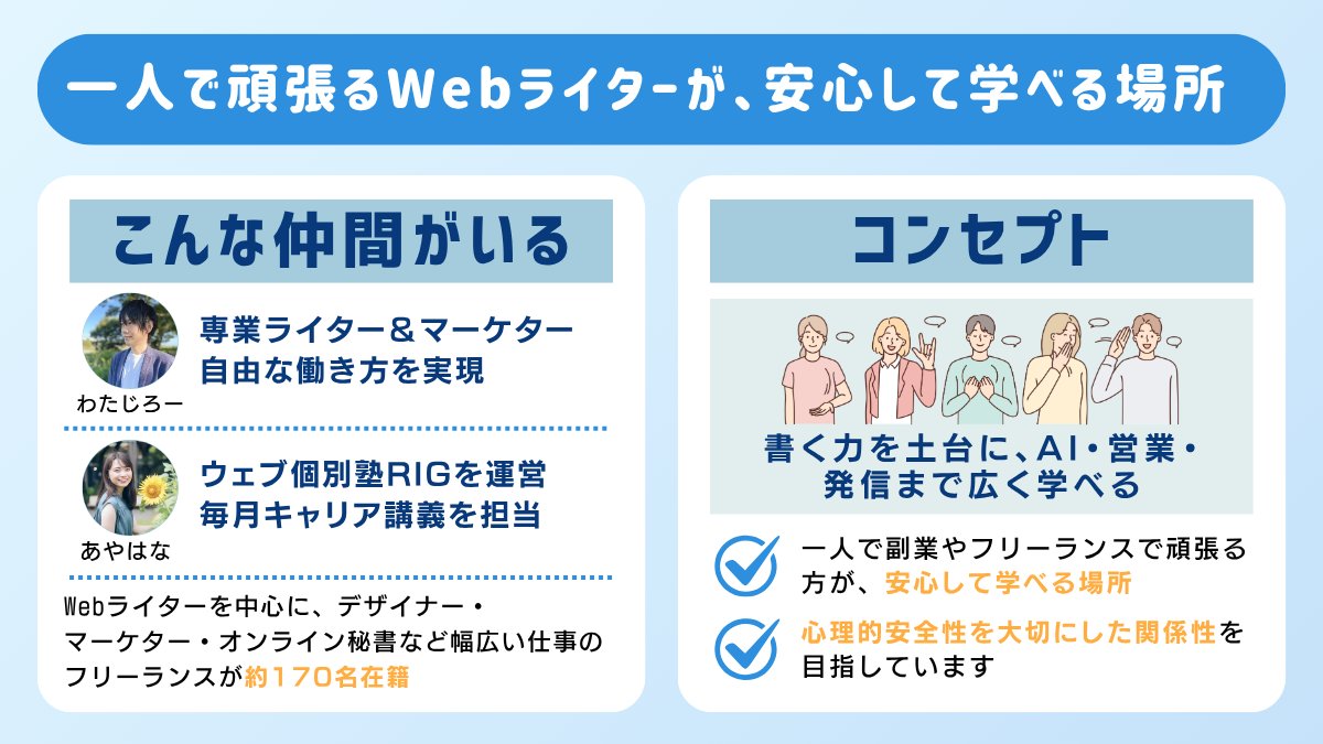 watajiro_cq's tweet photo. 【募集開始！！】
大変お待たせしました！
書く力を土台に
AI・営業・マーケ・
キャリア戦略まで学べる
コミュニティ
「ライターン」8期生の
募集を開始します。
＝＝＝＝＝＝＝＝＝＝
✅詳細・申込みはコチラ
https://t.co/1FhSKOw97F
※次回値上がり予定
※募集締切は9/27（日）23：59まで

✅参加条件
「前向きに成長する気もち」
※わたじろーを今回知った人でも参加OK
※わたじろーにフォローされてなくてもOK
＝＝＝＝＝＝＝＝＝＝
ライターンでは
メンバーの
心理的安全性を
大切にしてます。

居心地の良い
温かい空間で
学びや交流を
深めてもらう
ためです✨

そのため
ライターンは
＊＊＊＊＊＊
完全審査制の
コミュニティ
＊＊＊＊＊＊
となっています。

申込後に
簡単な審査をして、
通過した方のみ
参加手続きのご案内を
させていただいて
おります🙇！

＊＊＊＊＊＊＊＊＊＊
また、
先着順ではありませんが、
応募順で審査し
募集定員に達した場合には
前倒しで募集を終了します。

ぜひ早めの申し込みを
してもらえたら嬉しいです✨

＊＊＊＊＊＊＊＊＊＊

現状を変えたい！
と考えている
そこのあなた！！
ぜひ参加をお待ちしております〜😌！

ここだけの話……
コミュニティではありますが
有料スクールの内容が
すべて学べたと大好評です。

＝＝＝＝＝＝＝＝＝＝
・ライターンで人生変わった
・ライターンがなければ
フリーランス辞めてた
＝＝＝＝＝＝＝＝＝＝
そんな嬉しい声も
たくさんいただいています。

今後の募集は
いつになるかわからない
今だけの募集です。
次回は値上がりをするため、
この機会にぜひご参加ください！

ライターンで一緒に、
”置かれた場所で咲く”のではなく
”自分が咲ける場所を選ぶ”人生にしていきましょう✨