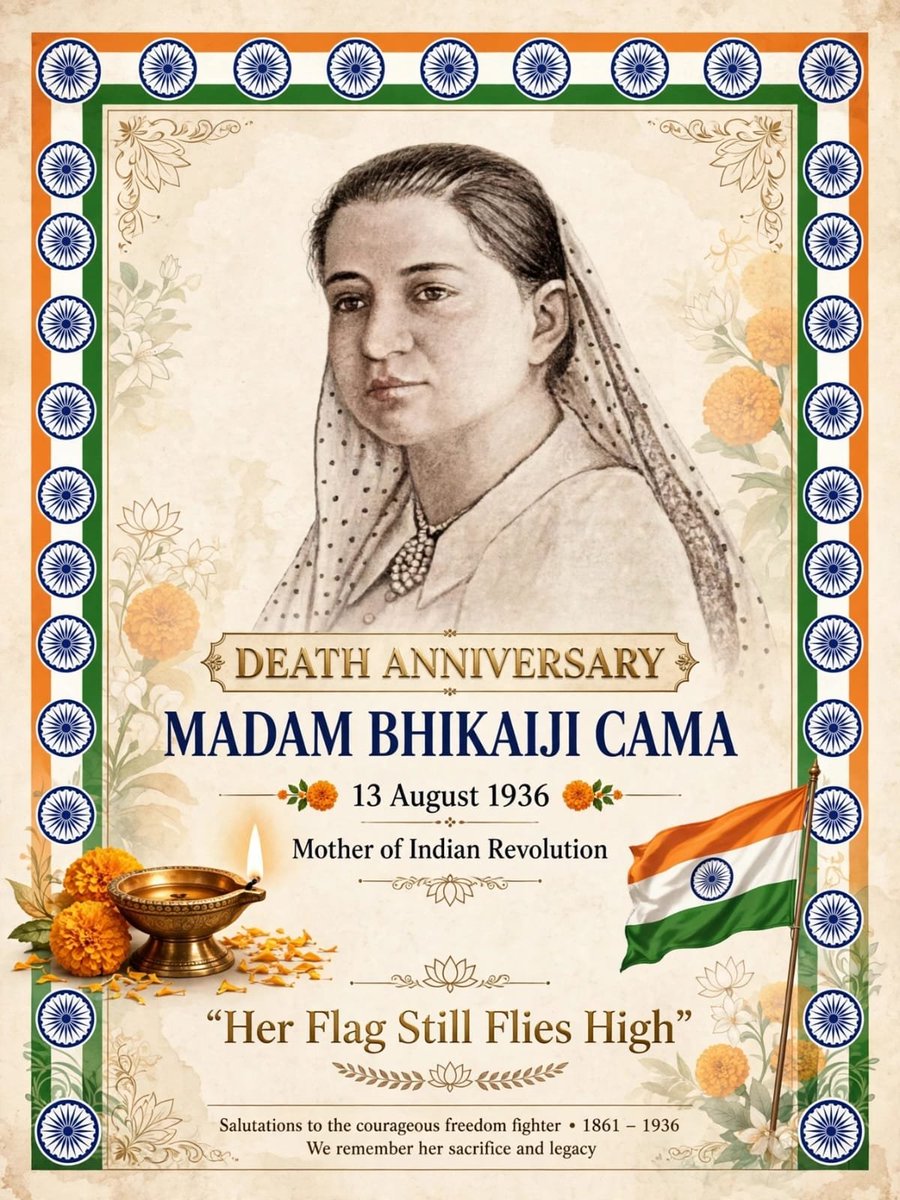 DattaSubi's tweet photo. *Heartfelt Tribute to Madam Bhikaiji Cama on her Birth Anniversary — 24 September 1861*

Madam Bhikaiji Cama is called the *Mother of the Indian Revolution*.

*Born:* 24 September 1861, Navsari (then Bombay Presidency) in a wealthy Parsi family. Died: 13 August 1936, Bombay. Her parents were Sorabji Framji Patel and Jaijibai Patel. In 1885 she married Rustom Cama.

*Why we remember her:*

On *22 August 1907*, at the *International Socialist Conference in Stuttgart, Germany*, she unfurled one of the first versions of the Indian National Flag — becoming the *first person to hoist the Indian flag on foreign soil*.

Her flag had green, saffron and red stripes, with 8 lotuses for 8 provinces, crescent moon and sun, and *Vande Mataram* written in the middle in Devanagari. That flag is now kept in Maratha and Kesari Library, Pune.

*Her Work:*
- After moving to London for health reasons, she met Dadabhai Naoroji and joined India House with Shyamji Krishna Varma, Veer Savarkar, Lala Hardayal.
- In 1909 she moved to Paris — her house became headquarters for Indian revolutionaries.
- She helped publish *Bande Mataram* newspaper, which was smuggled into India.
- During World War I, French authorities jailed her for 3 years for anti-British activities, but she kept contact with Indian, Irish and Egyptian revolutionaries.
- She fought not only for freedom but also for *women's rights* — spoke at Hyde Park, London.

*Legacy:* British called her dangerous, but Indians called her Mother. She returned to India in 1935 after 35 years in exile.

*Famous Words in Stuttgart:* "This flag is of Indian Independence! Behold, it is born! It is already sanctified by the blood of martyred Indian youth."

On her 164th Birth Anniversary today (24 Sep), we salute the brave lady who gave India its flag before India was free.