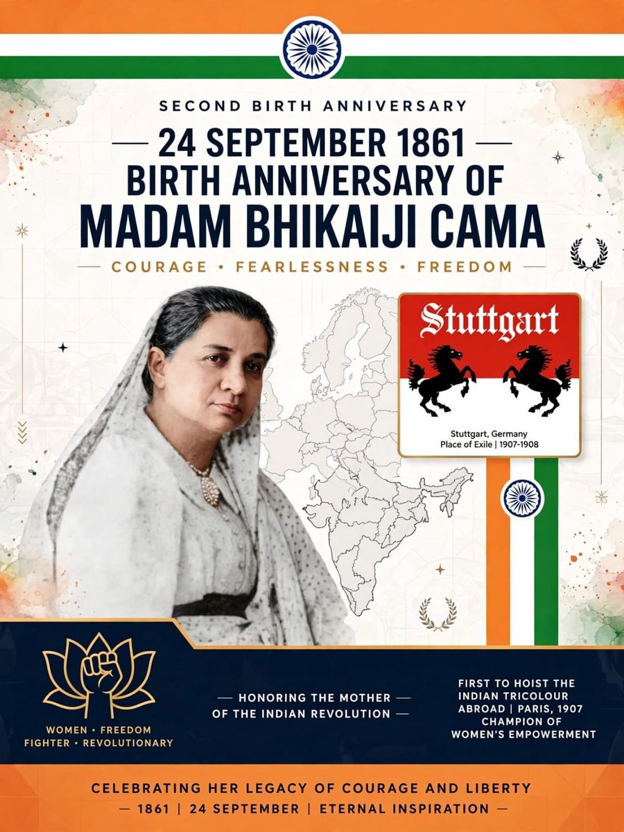 DattaSubi's tweet photo. *Heartfelt Tribute to Madam Bhikaiji Cama on her Birth Anniversary — 24 September 1861*

Madam Bhikaiji Cama is called the *Mother of the Indian Revolution*.

*Born:* 24 September 1861, Navsari (then Bombay Presidency) in a wealthy Parsi family. Died: 13 August 1936, Bombay. Her parents were Sorabji Framji Patel and Jaijibai Patel. In 1885 she married Rustom Cama.

*Why we remember her:*

On *22 August 1907*, at the *International Socialist Conference in Stuttgart, Germany*, she unfurled one of the first versions of the Indian National Flag — becoming the *first person to hoist the Indian flag on foreign soil*.

Her flag had green, saffron and red stripes, with 8 lotuses for 8 provinces, crescent moon and sun, and *Vande Mataram* written in the middle in Devanagari. That flag is now kept in Maratha and Kesari Library, Pune.

*Her Work:*
- After moving to London for health reasons, she met Dadabhai Naoroji and joined India House with Shyamji Krishna Varma, Veer Savarkar, Lala Hardayal.
- In 1909 she moved to Paris — her house became headquarters for Indian revolutionaries.
- She helped publish *Bande Mataram* newspaper, which was smuggled into India.
- During World War I, French authorities jailed her for 3 years for anti-British activities, but she kept contact with Indian, Irish and Egyptian revolutionaries.
- She fought not only for freedom but also for *women's rights* — spoke at Hyde Park, London.

*Legacy:* British called her dangerous, but Indians called her Mother. She returned to India in 1935 after 35 years in exile.

*Famous Words in Stuttgart:* "This flag is of Indian Independence! Behold, it is born! It is already sanctified by the blood of martyred Indian youth."

On her 164th Birth Anniversary today (24 Sep), we salute the brave lady who gave India its flag before India was free.