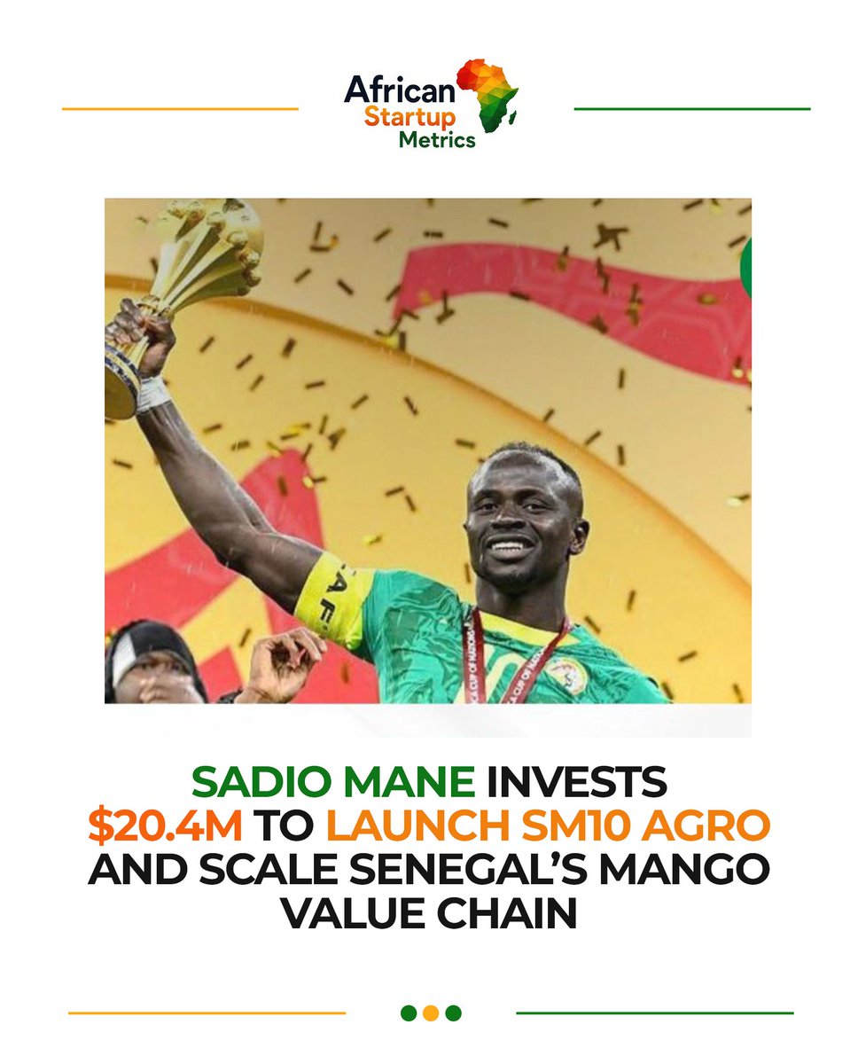 AfricanstartupM's tweet photo. 🇸🇳 Senegalese international footballer @SMane_Officiel Mané  has committed 11.7 billion CFA francs ($20.4 million) of his personal funds to launch SM10 AGRO, an integrated agro-industrial park in his hometown of Bambali, Senegal.

Breaking ground on September 19, 2026, the 500-hectare project will include a major plantation, four specialized industrial processing units, an agricultural training college, and a research and development facility.

The park plans to plant 78,000 mango trees, process up to 8,500 tonnes of fruit annually, and create more than 1,000 direct jobs upon launch.

“I want the fruits of the land to stay here.”

The investment targets one of the major challenges facing West Africa’s agricultural value chain: post-harvest losses and limited local processing capacity. Only about 2% of Senegal’s fresh mango harvest is currently processed locally.

By transforming perishable mangoes into shelf-stable, higher-value products including mango purée, pulp, dried fruit, and mango butter SM10 AGRO aims to serve local demand while exporting to markets across Africa, Europe, and the Middle East.

Beyond football, Sadio Mané is putting significant capital into agriculture, industrialisation, job creation, and value addition in Senegal.

#AfricanStartupMetrics #SM10Agro #SadioMane #Agribusiness #AgroProcessing #Agriculture #Senegal #WestAfrica #AfricanAgriculture #FoodProcessing #AgroIndustry #ImpactInvesting #AfricanInvestment #MadeInAfrica #AfricaBusiness