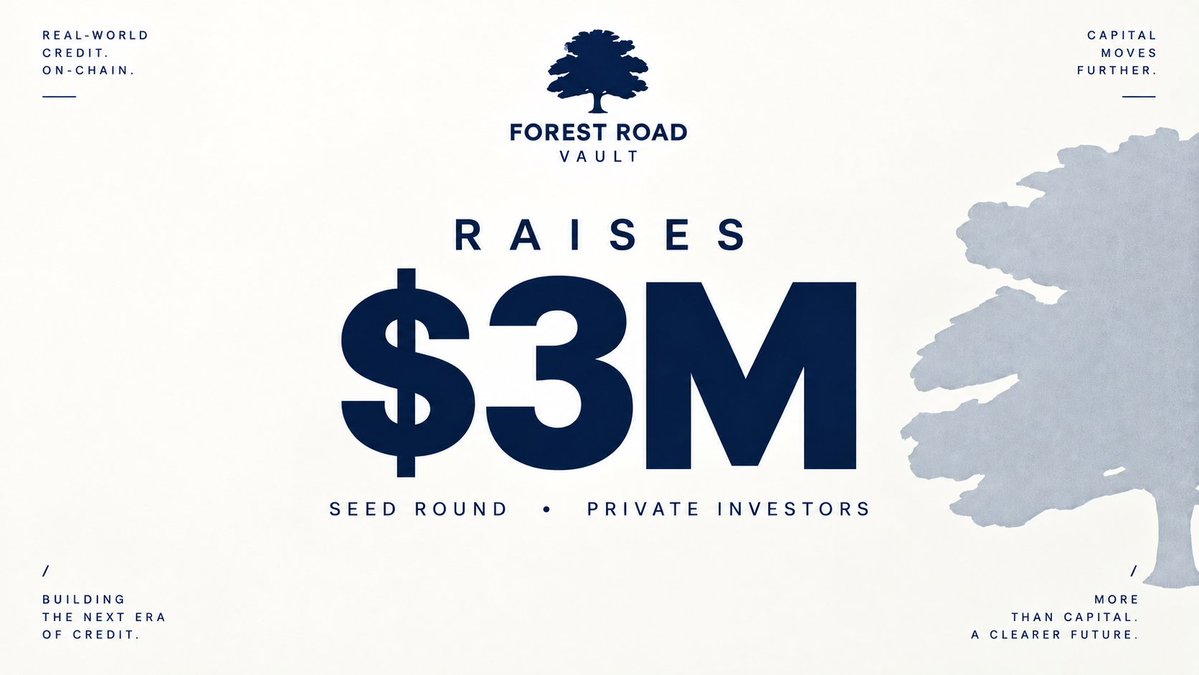 forestroadvault's tweet photo. Forest Road Vault has raised $3M in seed funding

Forest Road Vault has completed its third funding round, bringing total raise to $3M.

This marks another close in our funding journey as we build the infrastructure to bring real-world credit on-chain.

Forest Road Vault is built on years of experience originating, underwriting, and servicing real-world credit now being brought into an on-chain financial ecosystem.

This is only the beginning.

Additional funding rounds are currently ongoing as we continue bringing together strategic investors and partners aligned with our vision for the future of on-chain credit.

To everyone who has supported Forest Road Vault from the beginning, thank you.

We're building the vault.
And we're just getting started.
