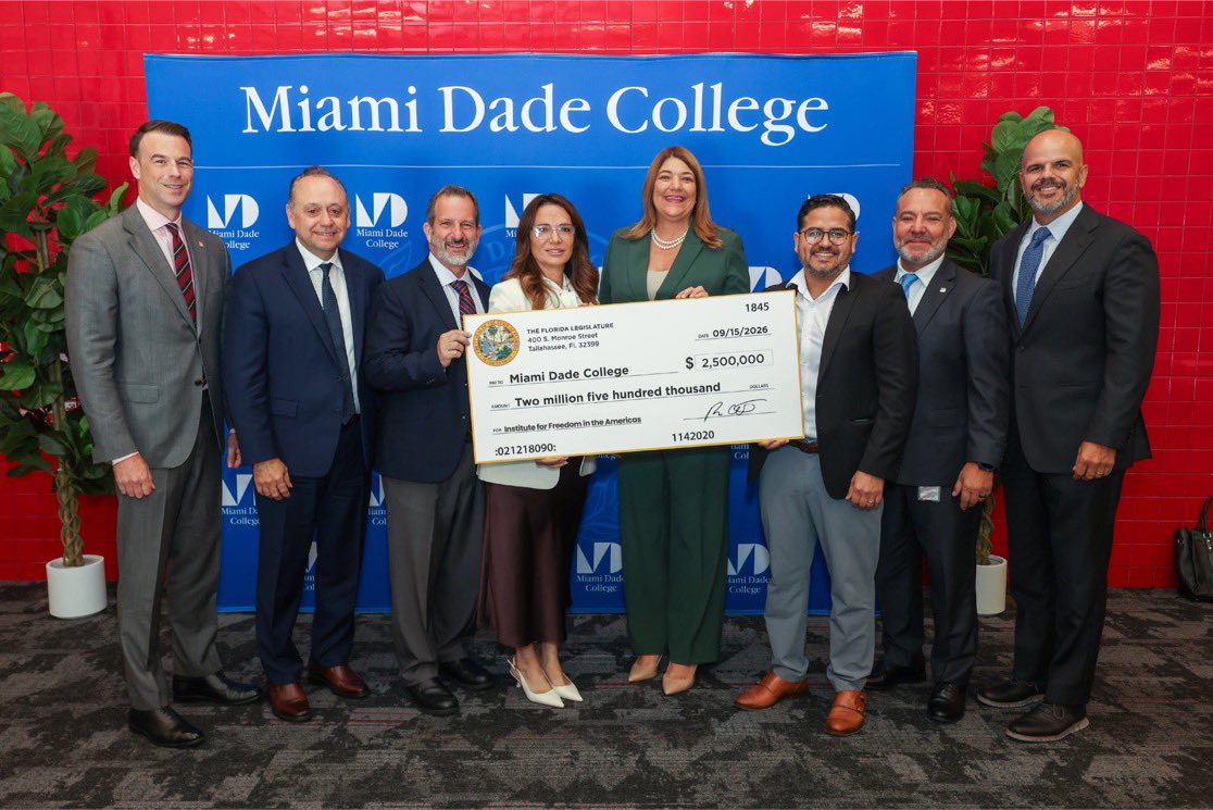 DadeDelegation's tweet photo. Senator Ileana Garcia and Representative David Borrero presented an appropriation check to Miami Dade College Institute for Freedom in the Americas. https://t.co/jzKQwmzGNZ