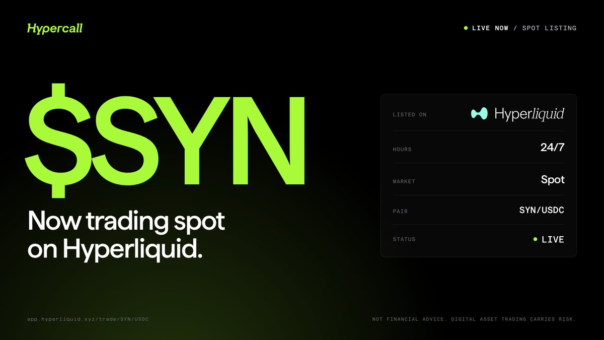 SynapseProtocol's tweet photo. Hypercall settles on Hyperliquid.  

Now $SYN trades there too.  

Spot. Live. 24/7.  

https://t.co/c8QRfAfbq3 https://t.co/LVYWYDzuou