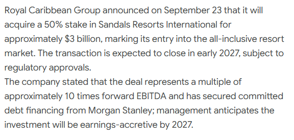 jaehughess's tweet photo. 🚨 $RCL BIG MOVE

Royal Caribbean is going BIGGER beyond cruises. 🌴🚢

RCL is buying a 50% stake in Sandals Resorts for ~$3B, expanding deeper into the all-inclusive vacation market.

Short-term: investors are watching leverage & execution.

Long-term: cruise + resorts could create a much bigger travel ecosystem.

$RCL $CCL $NCLH
#RCL #Stocks #Travel #Cruise