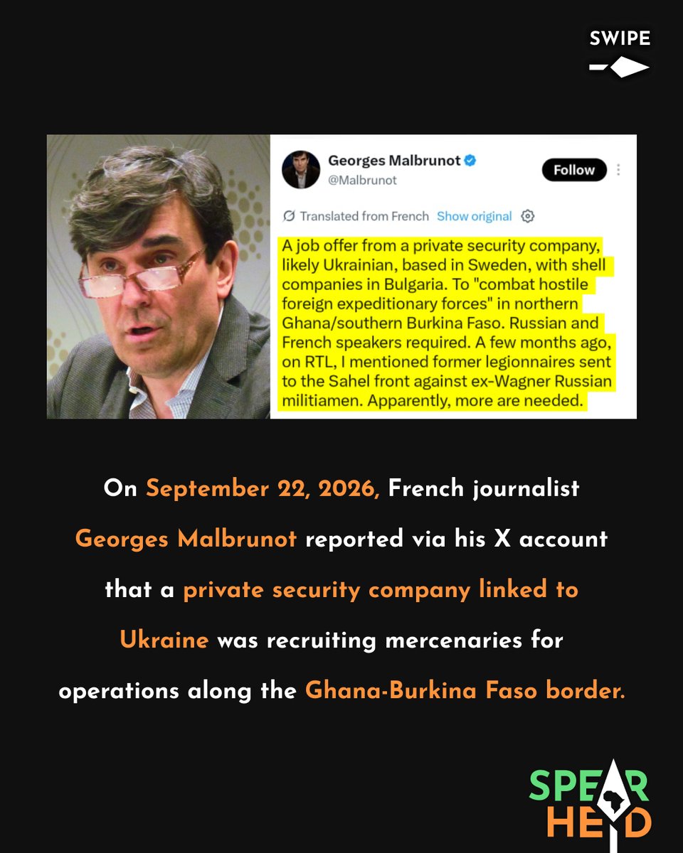 Spearhead_Af's tweet photo. BREAKING: Ukraine Recruiting Mercenaries To Invade AES, New Report Alleges

In a chilling new development, Ukraine is reportedly actively recruiting mercenaries to “combat hostile foreign expeditionary forces” along the Ghana-Burkina Faso border. This could signal an impending Ukrainian plan to invade AES territory as part of its purported global war against Russia.

This development was reported in a now heavily-restricted tweet on X by French journalist @Malbrunot – a tweet which is currently invisible in some locations.

The Spearhead will continue to monitor the situation.