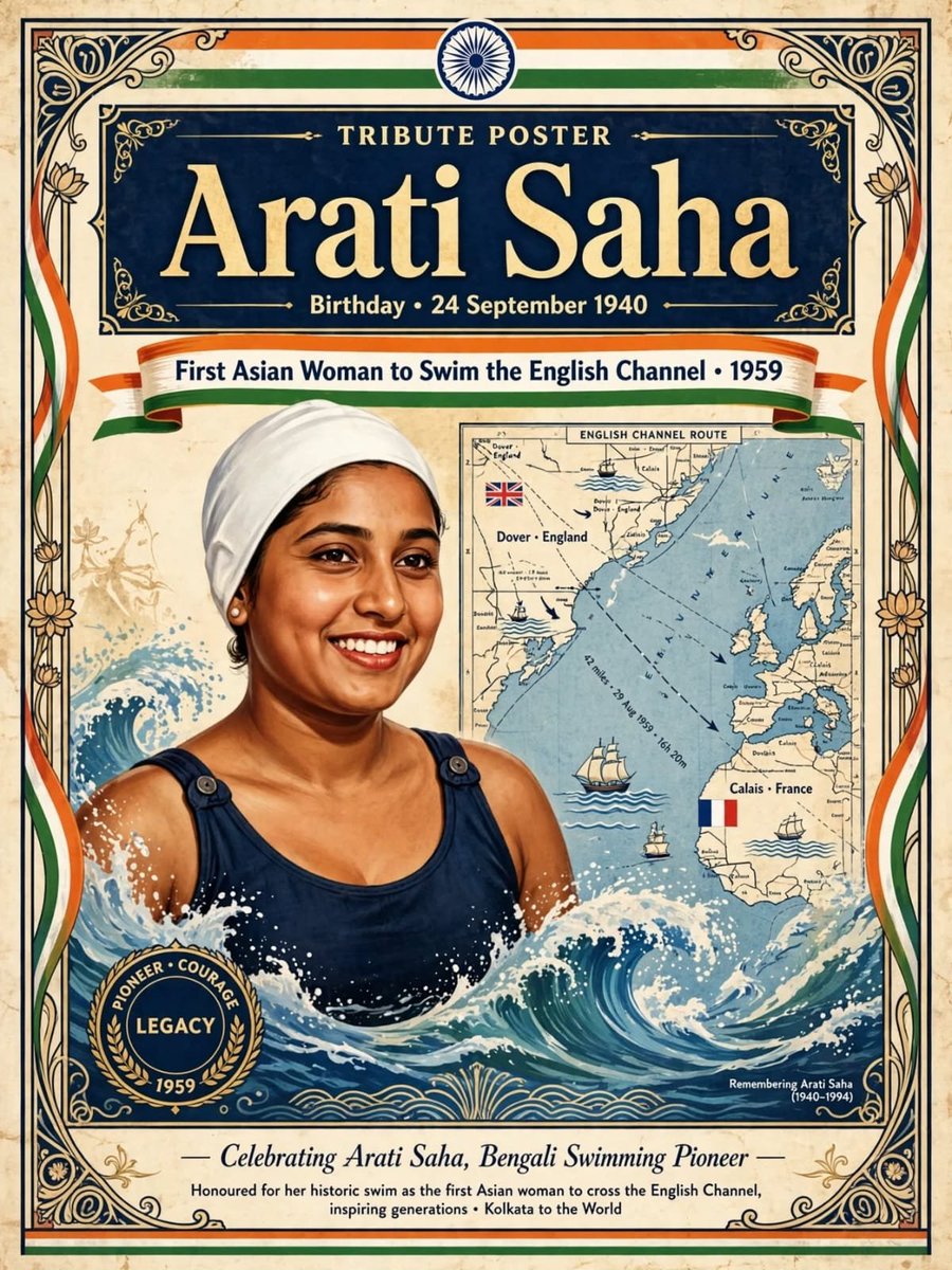 DattaSubi's tweet photo. *Heartfelt Tribute to Arati Saha on her Birth Anniversary — 24 September 1940*

Arati Saha was India's *First Woman Swimming Icon* and the *First Indian & Asian Woman to swim across the English Channel.*

*Born:* 24 September 1940, Kolkata to Panchugopal and Sunita Saha. Died: 23 August 1994.

*Early Life:* She lost her mother at age 11. Her uncle Arun Saha guided her. She learned swimming at Hatkhola Swimming Club. By age 5, she won her first Gold in 110 yards freestyle.

*Champion Swimmer:*
- At age 12, she represented India at the *1952 Helsinki Olympics* — one of the youngest Indian Olympians.
- National Champion continuously from 1945 to 1958 — winning *22 State Championships*.
- At 1952 Olympics, she swam with legend Dolly Nazir.

*The English Channel — 29 September 1959:*
Inspired by Mihir Sen, who crossed the Channel in 1958, Arati decided to attempt.

On 29 September 1959, starting from Cape Gris Nez, France, she swam for *16 hours 20 minutes*, covering *42 miles* in icy water (approx 17°C), battling waves and currents, and reached *Sandgate, England*.

She became the *First Indian Woman, First Asian Woman in the world* to conquer the English Channel. She was only 19.

For this, she was awarded *Padma Shri in 1960* — the first Indian sportswoman to get Padma Shri.

*Later Life:* She worked as a clerk in Bengal Nagpur Railway. Married her coach *Dr. Biren Saha*. Their daughter is Archana.

*Legacy:* India's longest swimming training camp, *Arati Saha Swimming Complex* in Kolkata is named after her. India Post issued a stamp in her honour.

*Message for Students:* She proved that a small girl from North Kolkata lanes can conquer the sea between England and France with courage and practice.

On 24 September, we salute the Mermaid of Bengal.