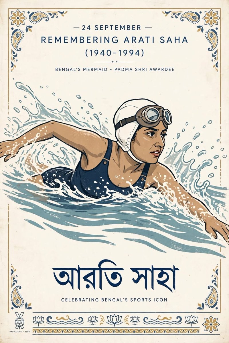 DattaSubi's tweet photo. *Heartfelt Tribute to Arati Saha on her Birth Anniversary — 24 September 1940*

Arati Saha was India's *First Woman Swimming Icon* and the *First Indian & Asian Woman to swim across the English Channel.*

*Born:* 24 September 1940, Kolkata to Panchugopal and Sunita Saha. Died: 23 August 1994.

*Early Life:* She lost her mother at age 11. Her uncle Arun Saha guided her. She learned swimming at Hatkhola Swimming Club. By age 5, she won her first Gold in 110 yards freestyle.

*Champion Swimmer:*
- At age 12, she represented India at the *1952 Helsinki Olympics* — one of the youngest Indian Olympians.
- National Champion continuously from 1945 to 1958 — winning *22 State Championships*.
- At 1952 Olympics, she swam with legend Dolly Nazir.

*The English Channel — 29 September 1959:*
Inspired by Mihir Sen, who crossed the Channel in 1958, Arati decided to attempt.

On 29 September 1959, starting from Cape Gris Nez, France, she swam for *16 hours 20 minutes*, covering *42 miles* in icy water (approx 17°C), battling waves and currents, and reached *Sandgate, England*.

She became the *First Indian Woman, First Asian Woman in the world* to conquer the English Channel. She was only 19.

For this, she was awarded *Padma Shri in 1960* — the first Indian sportswoman to get Padma Shri.

*Later Life:* She worked as a clerk in Bengal Nagpur Railway. Married her coach *Dr. Biren Saha*. Their daughter is Archana.

*Legacy:* India's longest swimming training camp, *Arati Saha Swimming Complex* in Kolkata is named after her. India Post issued a stamp in her honour.

*Message for Students:* She proved that a small girl from North Kolkata lanes can conquer the sea between England and France with courage and practice.

On 24 September, we salute the Mermaid of Bengal.
