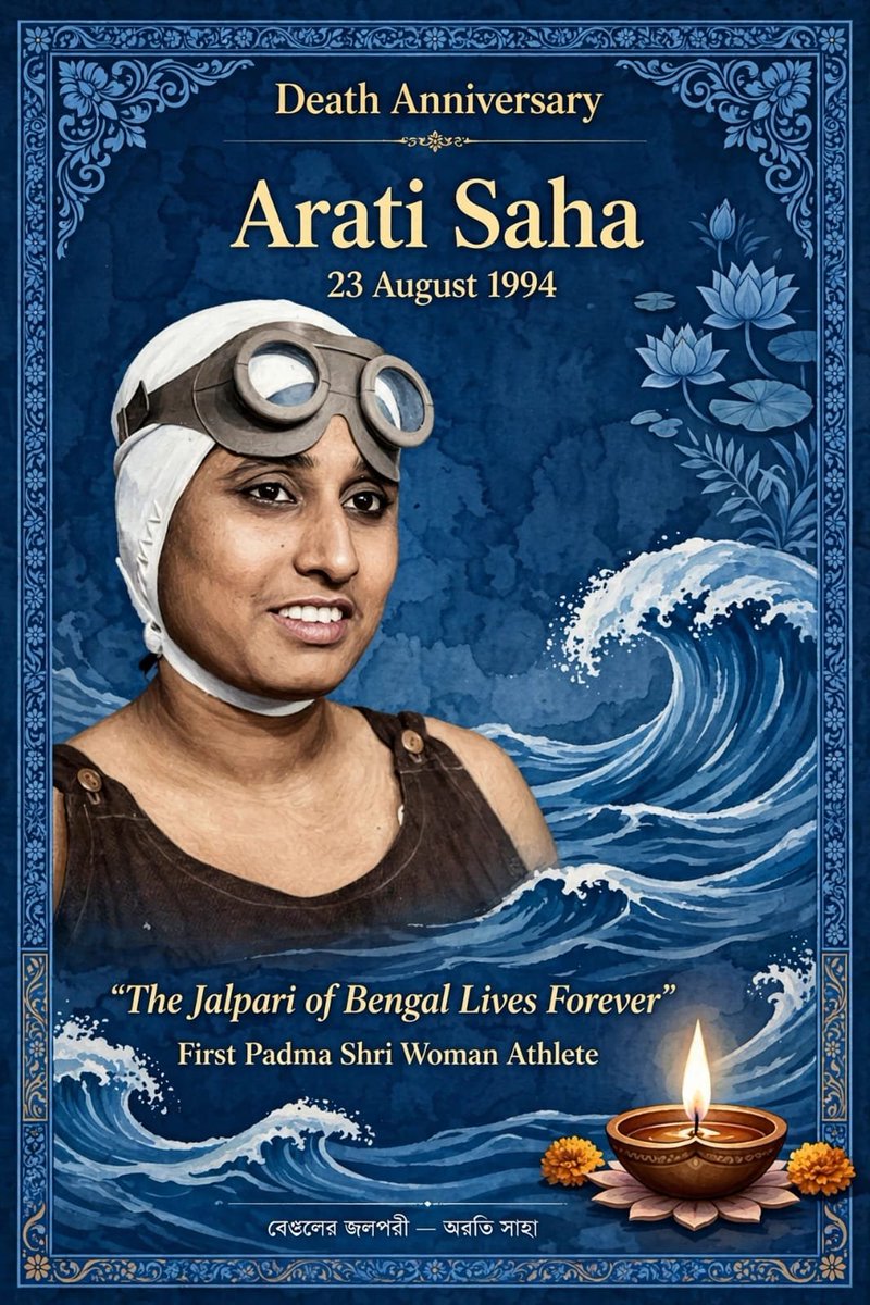 DattaSubi's tweet photo. *Heartfelt Tribute to Arati Saha on her Birth Anniversary — 24 September 1940*

Arati Saha was India's *First Woman Swimming Icon* and the *First Indian & Asian Woman to swim across the English Channel.*

*Born:* 24 September 1940, Kolkata to Panchugopal and Sunita Saha. Died: 23 August 1994.

*Early Life:* She lost her mother at age 11. Her uncle Arun Saha guided her. She learned swimming at Hatkhola Swimming Club. By age 5, she won her first Gold in 110 yards freestyle.

*Champion Swimmer:*
- At age 12, she represented India at the *1952 Helsinki Olympics* — one of the youngest Indian Olympians.
- National Champion continuously from 1945 to 1958 — winning *22 State Championships*.
- At 1952 Olympics, she swam with legend Dolly Nazir.

*The English Channel — 29 September 1959:*
Inspired by Mihir Sen, who crossed the Channel in 1958, Arati decided to attempt.

On 29 September 1959, starting from Cape Gris Nez, France, she swam for *16 hours 20 minutes*, covering *42 miles* in icy water (approx 17°C), battling waves and currents, and reached *Sandgate, England*.

She became the *First Indian Woman, First Asian Woman in the world* to conquer the English Channel. She was only 19.

For this, she was awarded *Padma Shri in 1960* — the first Indian sportswoman to get Padma Shri.

*Later Life:* She worked as a clerk in Bengal Nagpur Railway. Married her coach *Dr. Biren Saha*. Their daughter is Archana.

*Legacy:* India's longest swimming training camp, *Arati Saha Swimming Complex* in Kolkata is named after her. India Post issued a stamp in her honour.

*Message for Students:* She proved that a small girl from North Kolkata lanes can conquer the sea between England and France with courage and practice.

On 24 September, we salute the Mermaid of Bengal.