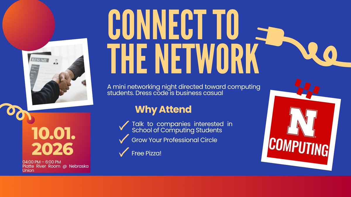 UNLComputing's tweet photo. School of Computing students have another chance to chat with hiring employers next Thursday, Oct. 1 at CSAB's Connect to the Network industry night! https://t.co/2NPoE549on