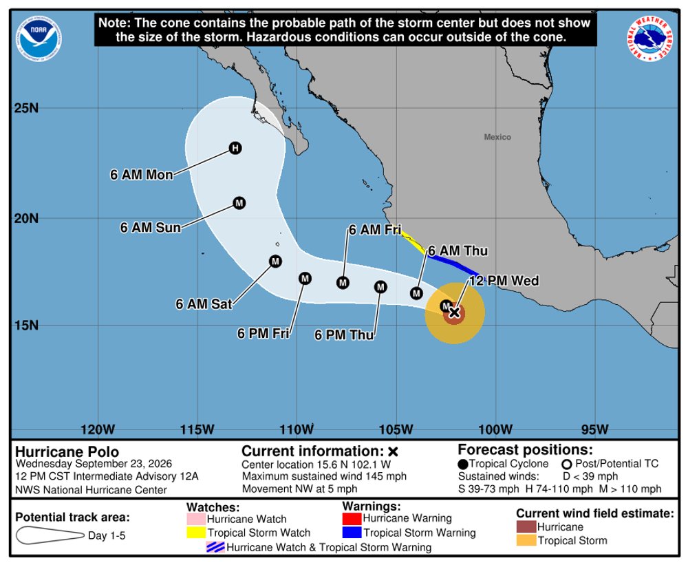 HailDataHub's tweet photo. Hurricane Polo is Cat 4 offshore SW Mexico. Rainbands hitting Guerrero — flood &amp; mudslide risk. Core offshore on NHC track.

#HurricanePolo #Cat4 #Mexico #Guerrero #HailDataHub https://t.co/5uYKXy8kpx