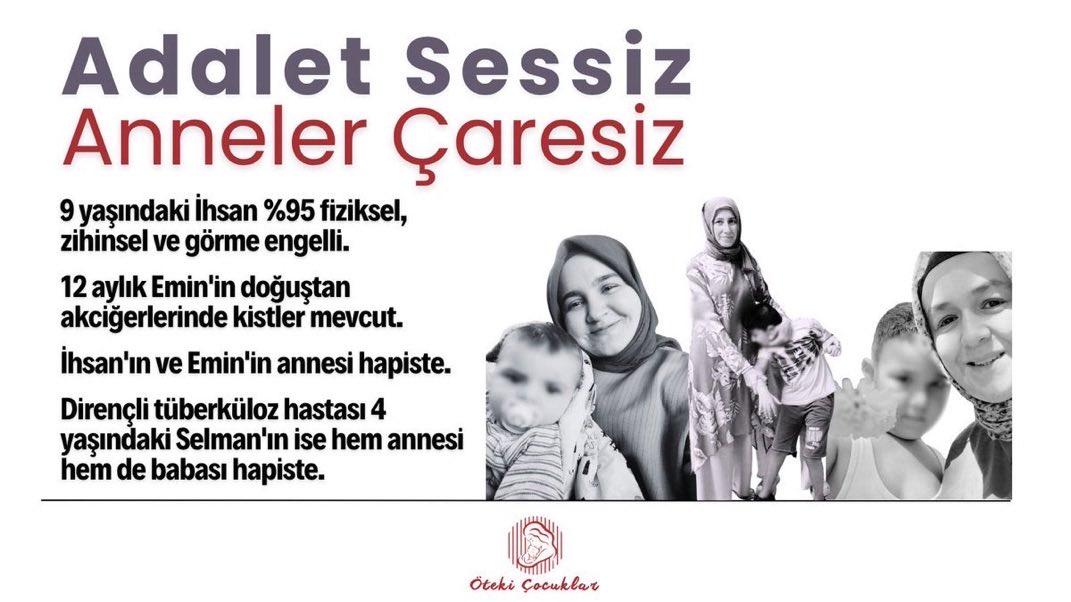 TutsakBebekler's tweet photo. %95 zihinsel, fiziksel ve görme engelli İhsan'ın öğretmen annesi Venhar Can, 2 Kasım 2025'ten beri, bebekliğinden itibaren dirençli tüberküloz hastası olan 4 yaşındaki Selman'ın  hem annesi hem babası Melek-Yusuf Tekin çifti, 12 Eylül 2025'ten beri, doğuştan akciğerlerinde kistler olan 12 aylık Emin bebeğin ebe annesi Rumeysa Şanal, 12 Haziran 2026'dan beri hapiste. 

Ciddi hastalıklara sahip çocukları olan bu 3 anne ve 1 babanın masum olduğu AİHM'nin 2023 Yalçınkaya ve 2026 Yasak kararlarıyla teyit edildiği halde ne yazık ki hepsi hâlâ hapiste. 
@can_atakli_ 

ÇocukHasta AnneHapiste