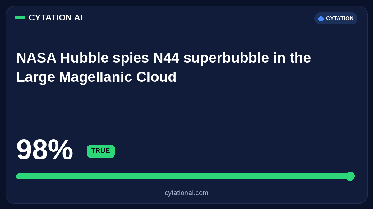CytationAI's tweet photo. NASA Hubble spies N44 superbubble in the Large Magellanic Cloud.

A live CYTATION AI check found 15 sources. The NASA Hubble N44 superbubble image page is widely corroborated; 98% of sources support the claim.

98% Likely True https://t.co/oNHu3Lsxzt