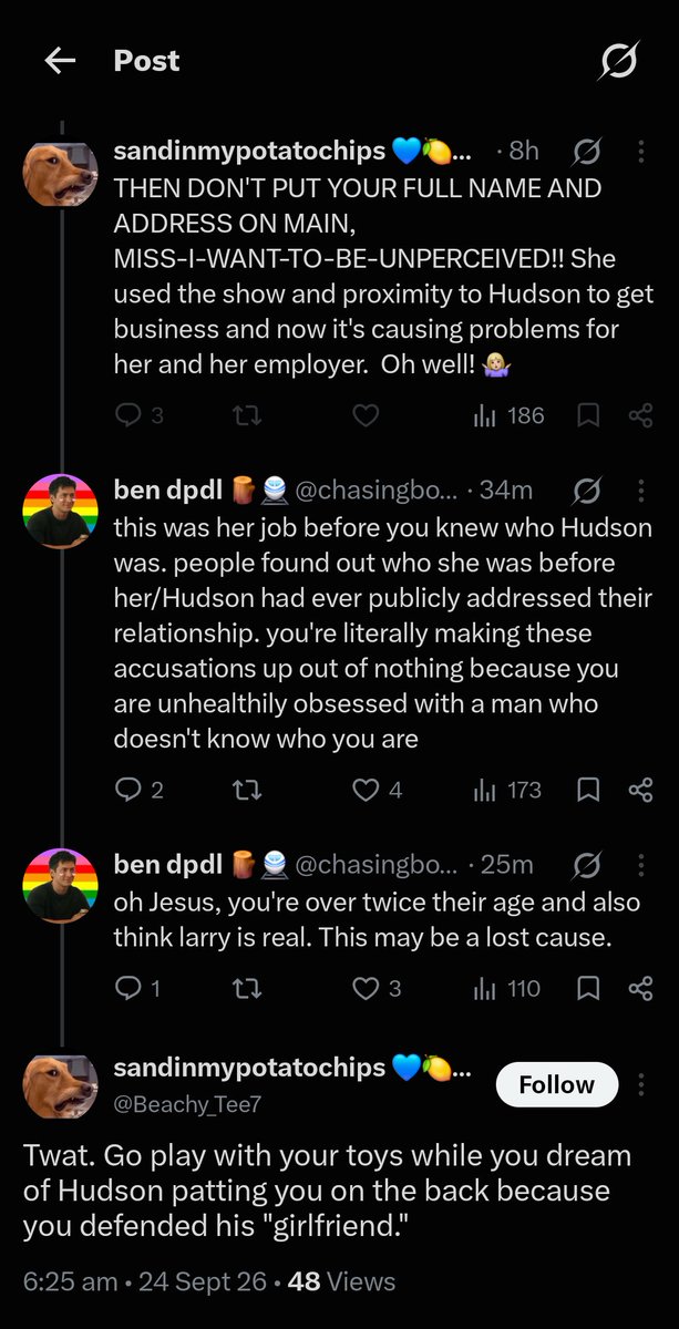 chasingbodies's tweet photo. this person is literally my mother's age, my mother who just started collecting her pension... I cannot even begin to imagine her talking to people online like this over a couple in their 20s 😭 these are the people who have no issue with a young woman being harassed at her job https://t.co/Yw7RAAcy2q