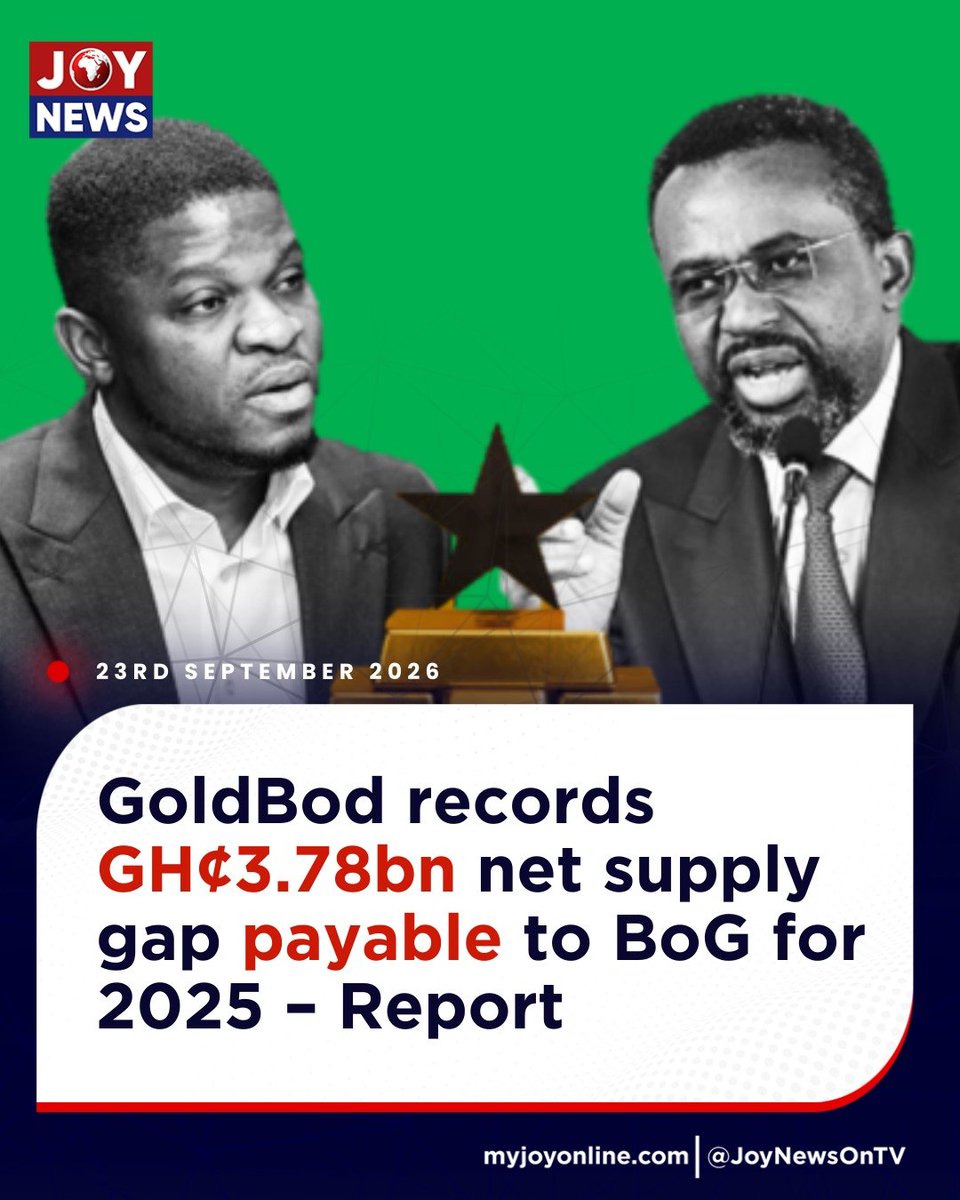 JoyNewsOnTV's tweet photo. GoldBod records GH¢3.78bn net supply gap payable to BoG for 2025 – Report

Details here: https://t.co/DLiJGzJhaD

#JoyNews #JoyFM #GhanaNews #JoyPrime #MyJoyOnline https://t.co/MR0UeycQzC