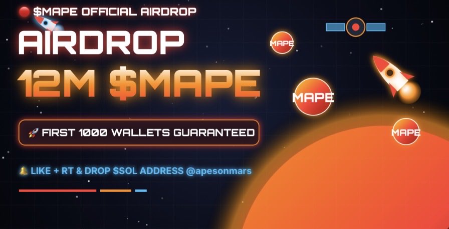 apesonmars's tweet photo. CLAIM 12,000,000 $MAPE 🔴

STEP 1 : 💟 &amp; RT + Follow 🔔 @apesonmars
STEP 2 : Drop your $SOL address 👇

First 500 wallets get guaranteed airdrop when the coin launches🪂🚀 https://t.co/WQEE0fgqRL