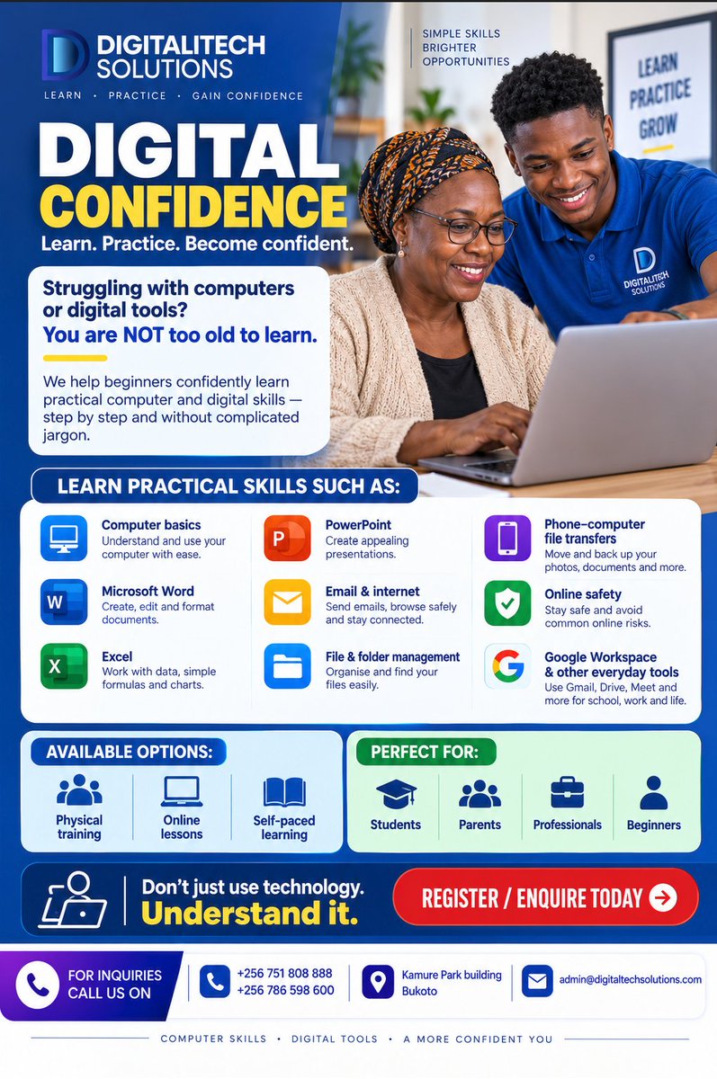 DigitaliTechug's tweet photo. Struggling with computers or digital tools? You’re not too old to learn! 👩‍💻

Build practical digital skills step by step with Digital Confidence - available at your convenient time (After work or School).  

📞 Prepare for the future today: +256 786 598 600 https://t.co/odDHiRQivd