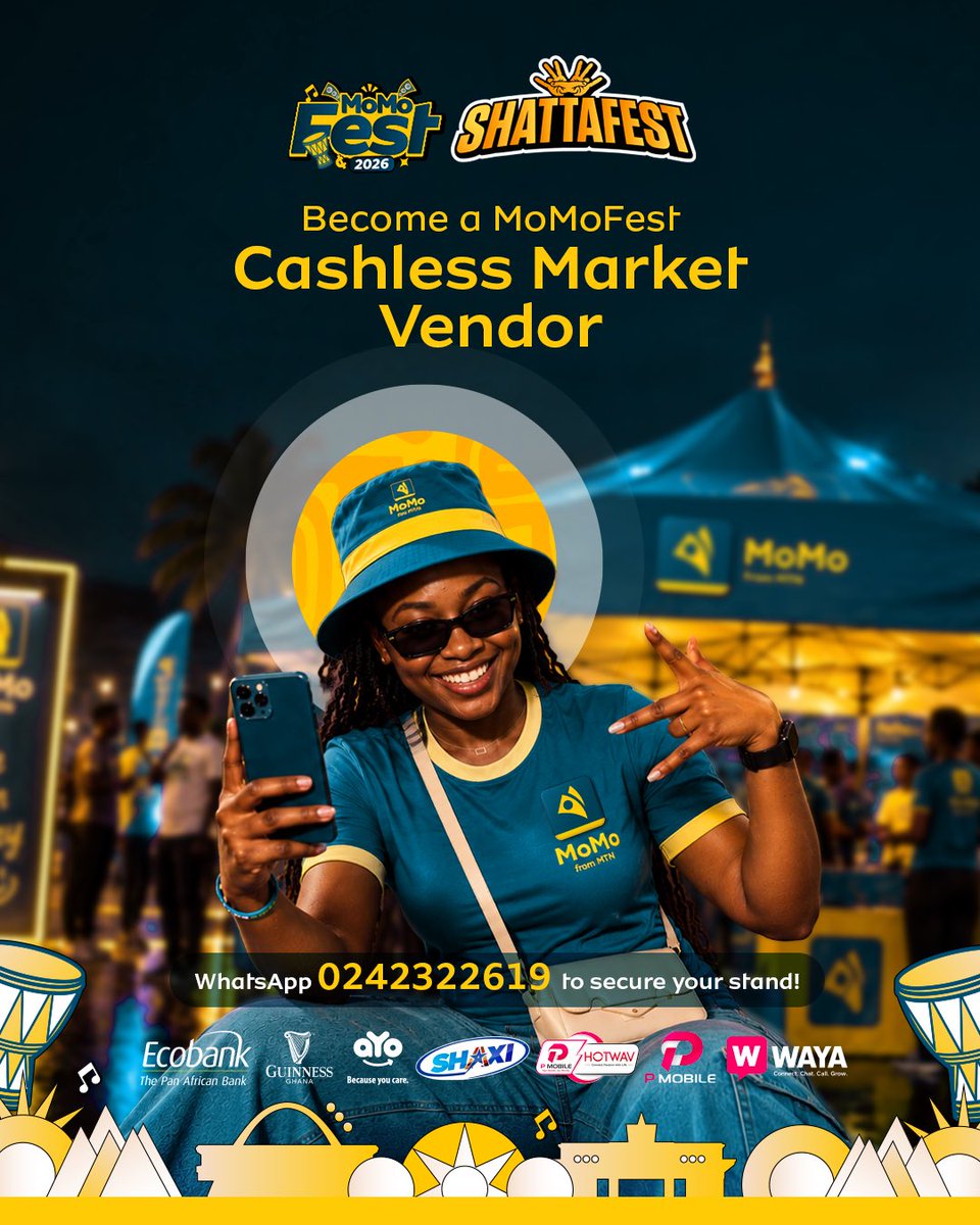 MoMoFromMTNGh's tweet photo. There’s a free stand at the MoMo Fest Cashless Market with your name on it! Got something to sell? Bring your products and your vibes. Spots  are filling up fast! Sign up now. https://t.co/SyRCLBAtVT