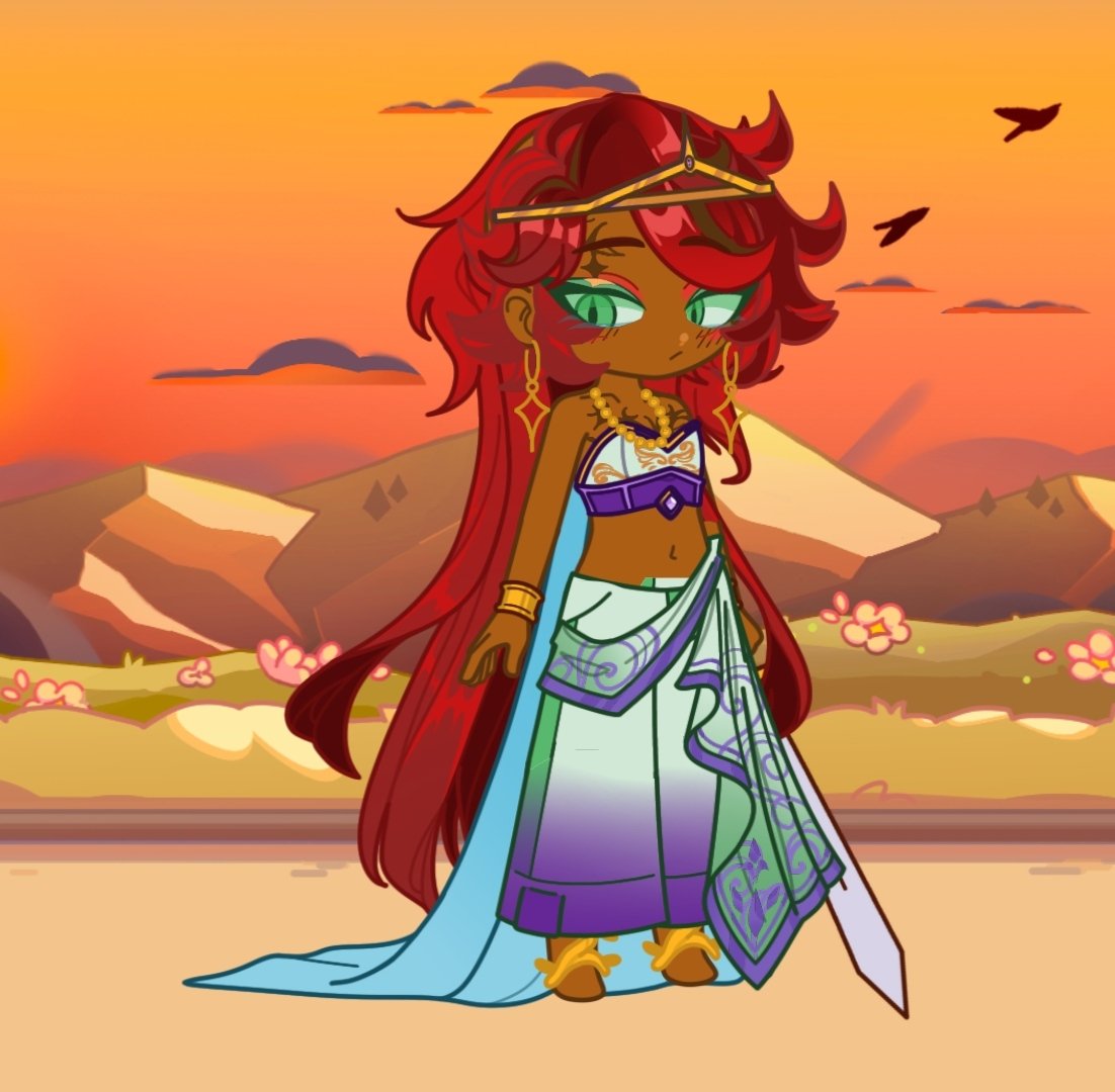 phoenixofmalice's tweet photo. Lakshmi has had a slight redesign (image one has references to the Calamity Ganon, image two does not) 

I tried to make it look a little more like they had a position of power among the Gerudo (being the partner of the king and all) 

They're neat, I love them a lot! https://t.co/61X12IsPk5