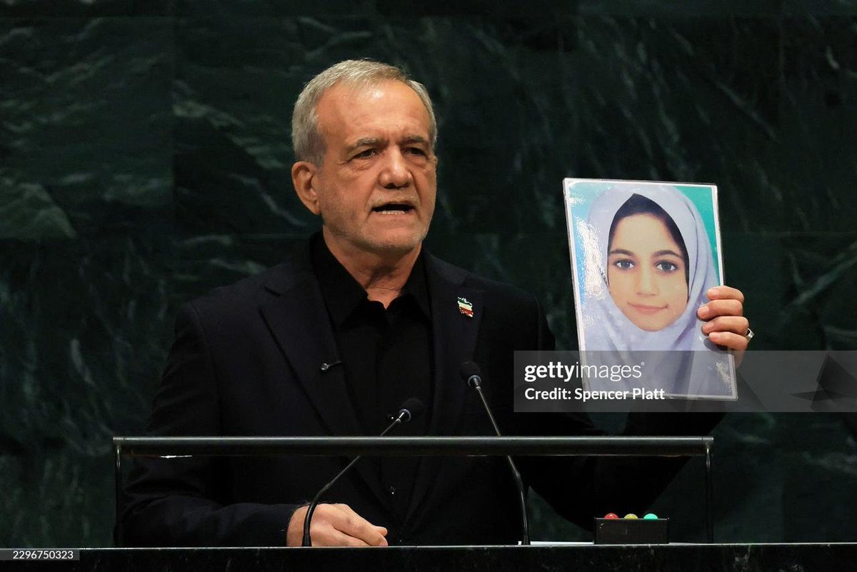 SinaToossi's tweet photo. Pezeshkian’s UNGA message: Iran concluded from the war that “we need power” to deter attack, but remains open to diplomacy. On nuclear policy: “neither nuclear weapons, nor deprivation of nuclear knowledge.” On Hormuz: others can’t enjoy free passage while sanctions deny Iran the same. “We are ready for dialogue,” but not “the language of force."