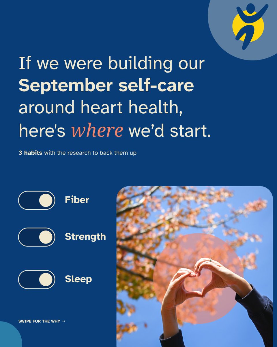 Life_Line's tweet photo. September self care check in! Are you switching on these essential routines that support heart health?
Move - 150 min/week (a brisk walk counts)
Lift - strength or resistance training, 2x/week
Fiber - 25g+ a day
Sleep - 7–9 hours a night https://t.co/UMikfIE2Uh