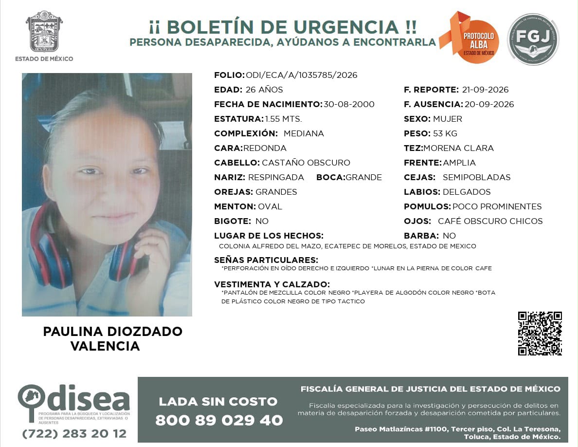 lopezdoriga's tweet photo. Se solicita su ayuda para localizar a Paulina Diozdado Valencia de 26 años.

Desapareció en la colonia Alfredo del Mazo en Ecatepec, Estado de México, el 20 de septiembre.

Las noticias en https://t.co/WdSSpNmK8P https://t.co/JZzKCXMZ2r