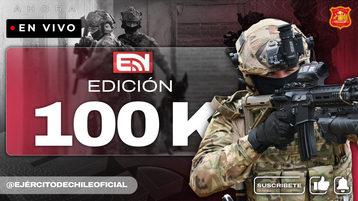 Ejercito_Chile's tweet photo. ¡Llegamos a los 100.000 suscriptores en YouTube y lo festejamos contigo! 🔴🇨🇱

Acompáñanos en el capítulo especial en vivo de Ejército Noticias para celebrar este hito y revisar las principales informaciones institucionales del Mes de la Patria y las #GloriasDelEjército.

🔗 Sigue la transmisión en directo aquí: 
¿Desde dónde te conectas hoy? ¡Te leemos en los comentarios! 💬✍️ https://t.co/b1cWxrZuHC