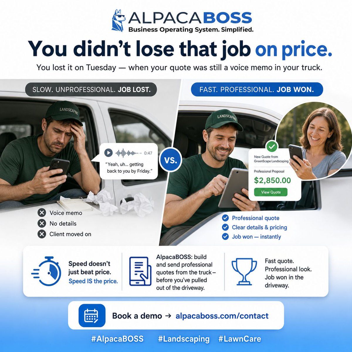 thealpacaboss's tweet photo. Your competitor is already sending the quote

Quote faster. Win the job.

Visit https://t.co/R3E22g1brj today, and book a demo! 

#AlpacaBOSS #FieldServiceManagement #ContractorLife #ServiceBusiness https://t.co/zv1mJaX9an