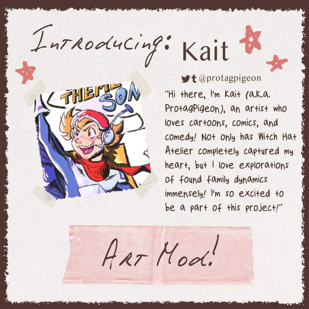 whafoundfamily's tweet photo. ☆ MOD SPOTLIGHT: KAIT ☆ 
Interlinked: A WHA Found Family Zine

🖋️ Introducing our ART Mod, @protagpigeon!

Taking care of our Artists, let's welcome Kait! 🎨 

#Δ帽子 #witchhatatelier #wha https://t.co/CzLXqg0BPA
