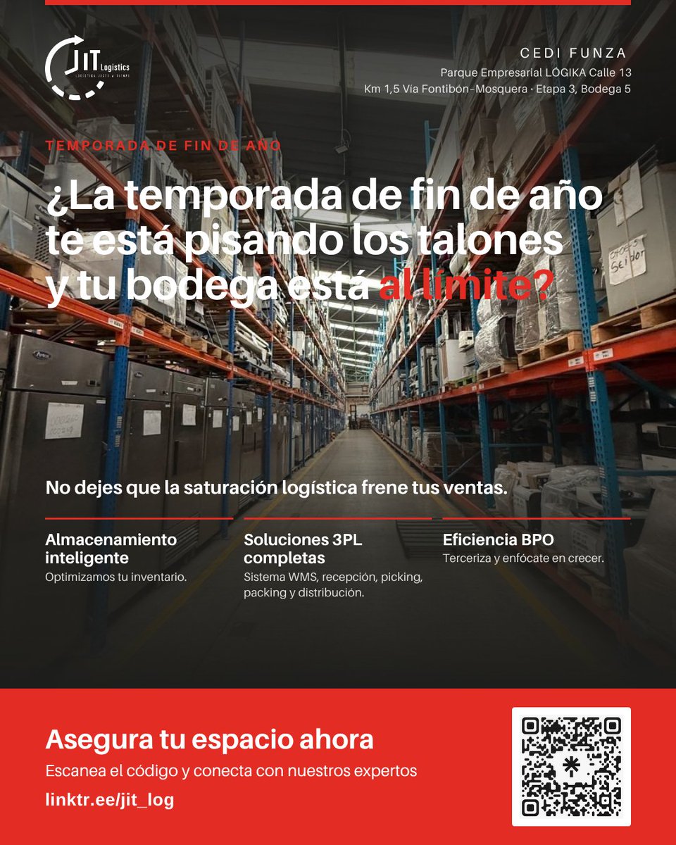 logistics_jit's tweet photo. ¿Tu bodega está al límite para fin de año?

Espacio flexible en el CEDI de JIT Logistics:
Almacenamiento disponible de forma inmediata.

Cotiza → https://t.co/BFTGU4x6Mi  
#3PLColombia #TemporadaAlta #LogísticaJustoATiempo #Estar_Justo_A_Tiempo https://t.co/ZyrS7poGHc