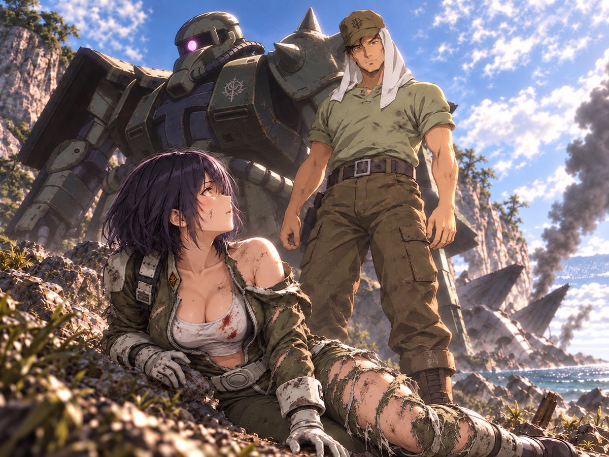 cloudster555's tweet photo. 第5話「孤島のザク」

連邦軍の追撃を逃れ、損傷したゼーゴックで必死に飛び続けるミカ。

機体の制御は限界に近づき、警報が鳴り響く。

その時、雲の切れ間に小さな島が見えた。

「島……！ あそこなら……！」

残された推進力を振り絞り、ミカは島への不時着を試みる。

激しい衝撃とともに、ゼーゴックは地面を滑り、ようやく停止した。

奇跡的に生き延びたミカが機体の外へ出ると、目の前には一機のザクが立っていた。

そして、そのザクの前には一人の男がいた。

「あなたは……？」

「ククルス・ドアンだ」

男の名を聞いたミカは、負傷した身体をかばいながら懇願する。

「お願いです……。怪我が治って、自力で基地に帰れるようになるまで、この島にいさせてもらえませんか？」

ドアンはしばらくミカを見つめた後、静かに頷いた。

「……分かった」

こうして、ミカはしばらく島に身を寄せることになった。

しかし、この島に暮らしていたのはドアンだけではなかった。

そこには、戦争とは無縁の穏やかな日々を送る、多くの子供たちがいた。

ミカの知らない、もう一つの世界がそこにはあった。

#Animates
#MikaAnimates
#Mika
#Gundam #Zeon #ParallelWorld