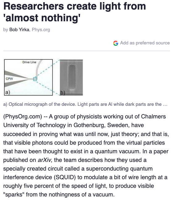 ZPEdisclosure's tweet photo. 'you can't get something from nothing'

Nature vol 479 pg 376, where swedish physicists got real photons out of nothing:

'haha what' https://t.co/QzxoYUDHZQ