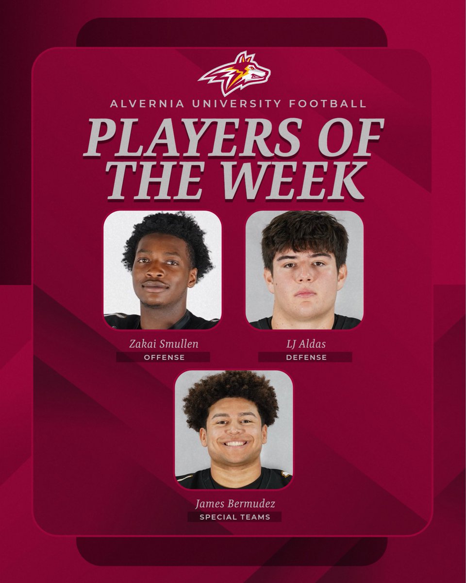 AlverniaFB's tweet photo. Congrats to the Players of the Week for our win vs Kings!  @CoachDev12 @VernAthletics @AlverniaU https://t.co/QFuRuPuHC5