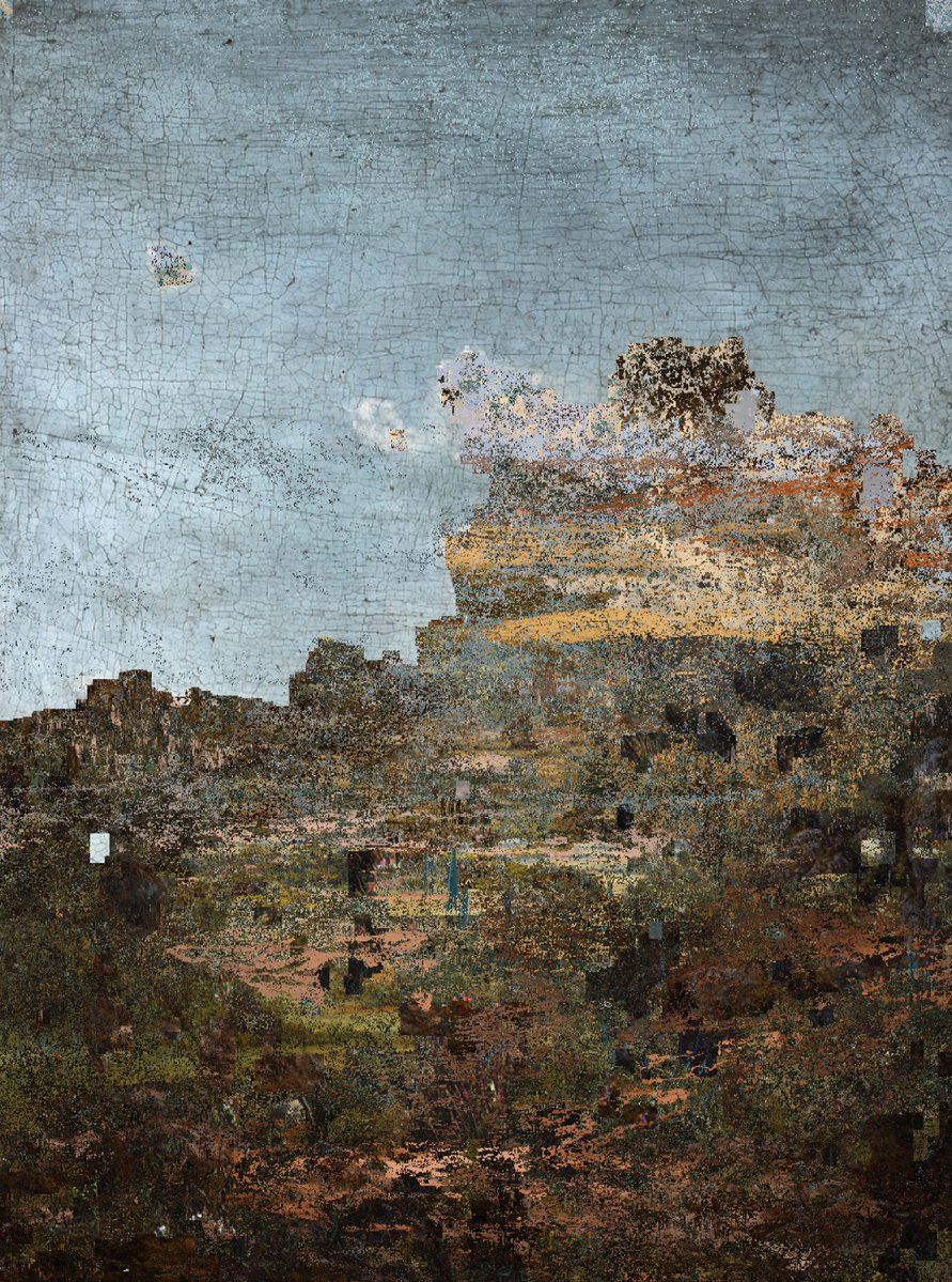HeliodoroSantos's tweet photo. Landscape of Endoaesthetics I

This painting was part of STILL WET, a group exhibition at @GalerieMet  Berlin, curated by @kikanicolela and Ruizhe Liang.

Here you can see both the physical painting and the digital image it comes from.

For me, painting these images that emerge from a digital process is like going out to paint a reality we cannot see with our own eyes, but can access through digital tools.

Oil / paper 
30.5 x 23 cm 
This work explores the interaction between generative AI and traditional painting, emphasizing aesthetics as a process rather than a fixed image. A collection of landscapes from textual prompts forms the source dataset. Through custom Python scripts, pixels and visual fragments are segmented, extracted, and recombined from multiple images, producing a new landscape through computational recontextualization. The resulting composition is then manually reinterpreted in oil on canvas, where the aesthetic experience resides not only in the final painting but in the successive transformations of visual information from text to synthetic image, from data to algorithmic reconstruction, and from digital computation to material gesture.