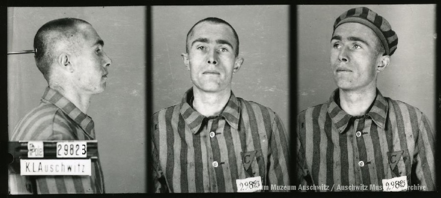 A mugshot registration photograph from Auschwitz. A man with a shaved head wearing a striped uniform photographed in three positions (profile and front with bare head and a photo with a slightly turned head with a hat on). The prisoner number is visible on a marking board on the left.