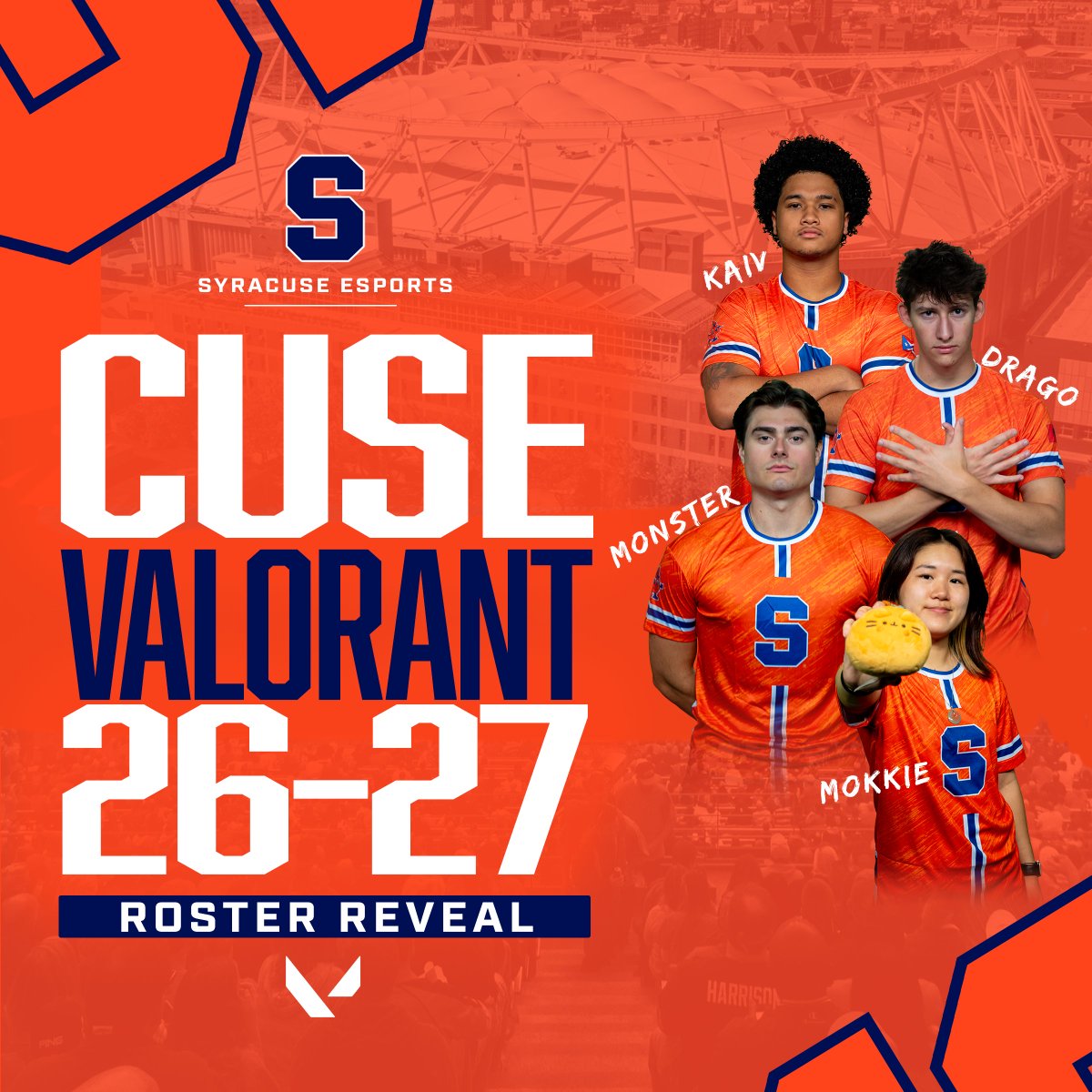 Cuse_Esports's tweet photo. THE 2026–27 ROSTER IS HERE. 🍊

Meet the Syracuse Esports VALORANT squad:

☁️Olivia “mokkie” Mok 👑
☁️Nicholas “Drago” Aldstadt
⚔️ Hyojun “Juni” Kim
⚔️Mekai “kaiv” Vazquez
🏹Aiden “lemons” Choi
🏹Aidan "Bronze" Shapiro
🛡️Benjamin “Monster” Fogarsi

🧠 Jee Hoon "Mobugi" Yoo
💼 Anna "kei" Kim

New season. New roster. Same Cuse.

Let’s get to work. 🎯