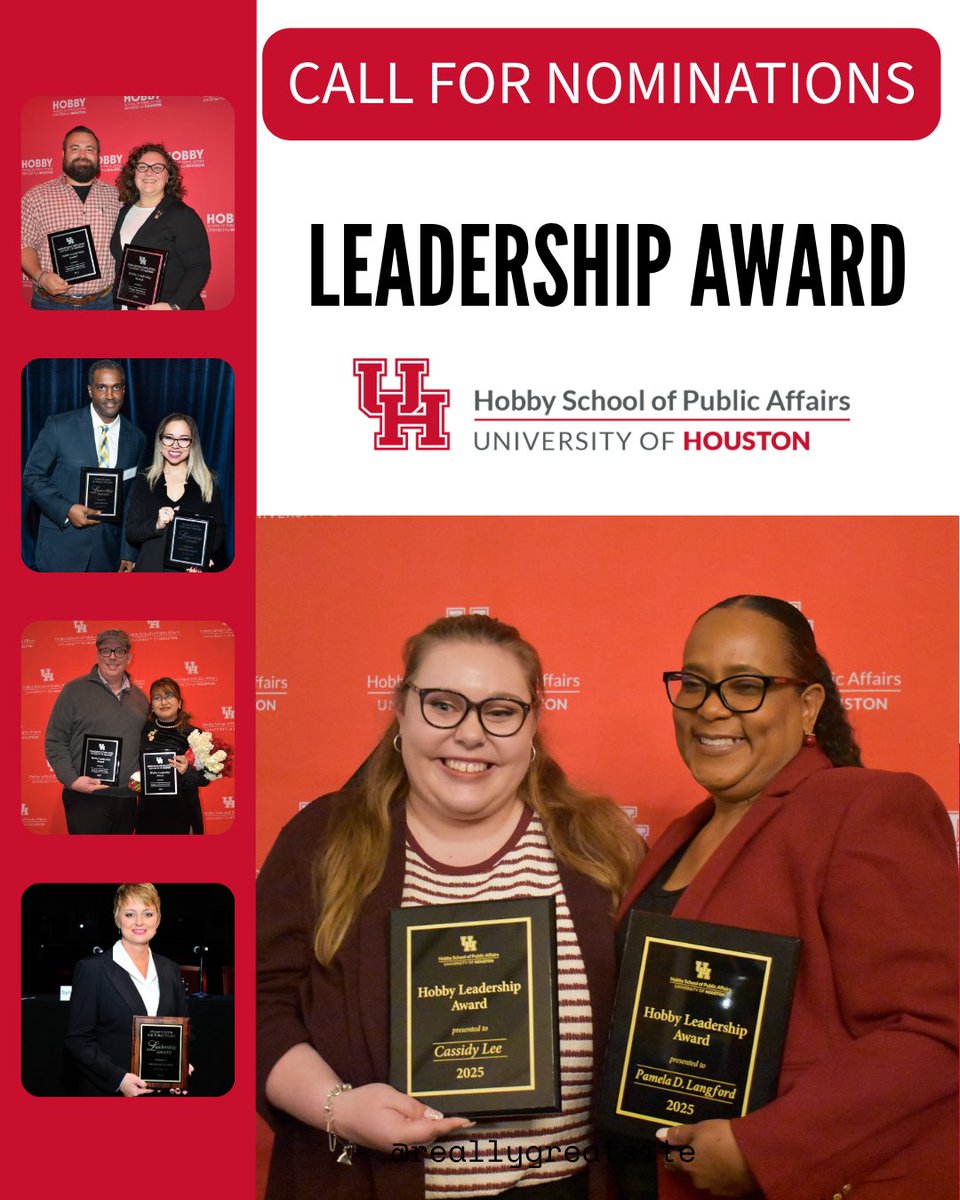 hobbyschooluh's tweet photo. Know a leader making a difference in public service or civic life? Nominations are open for the 2026 Leadership Awards honoring outstanding Certified Public Managers and alumni of the Hobby School’s internship programs through Oct. 12 at https://t.co/DrTYYQiNcT. https://t.co/CRPBxjpYhY
