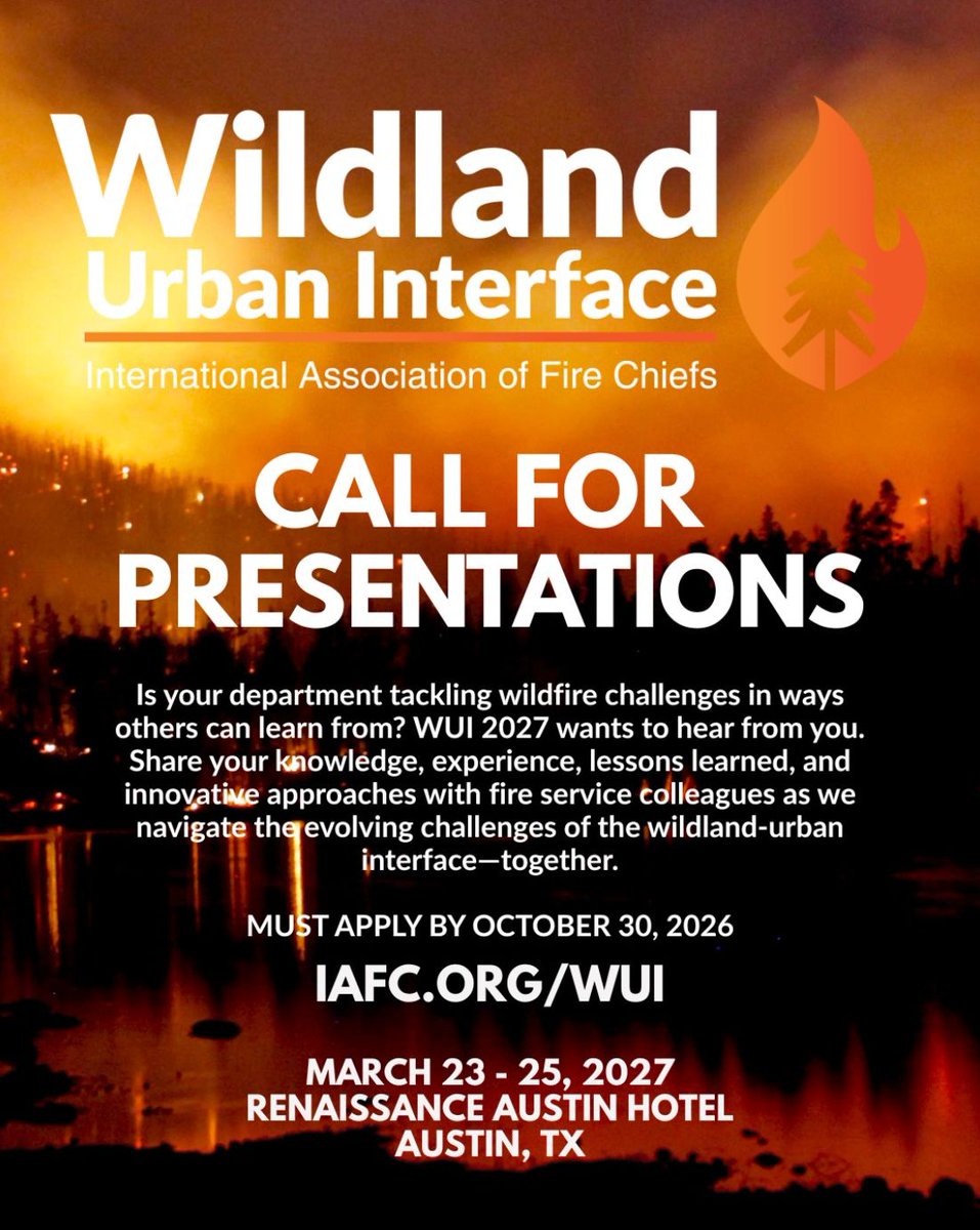 RSGProgram's tweet photo. Calling all wildfire leaders and innovators! 🔥 

The 2027 Wildland-Urban Interface (WUI) Conference is looking for presenters who are ready to share practical strategies, lessons learned, and innovative approaches to today's wildfire challenges. 

🔗 https://t.co/p3ko9bOidT https://t.co/2lv9HN0UVr