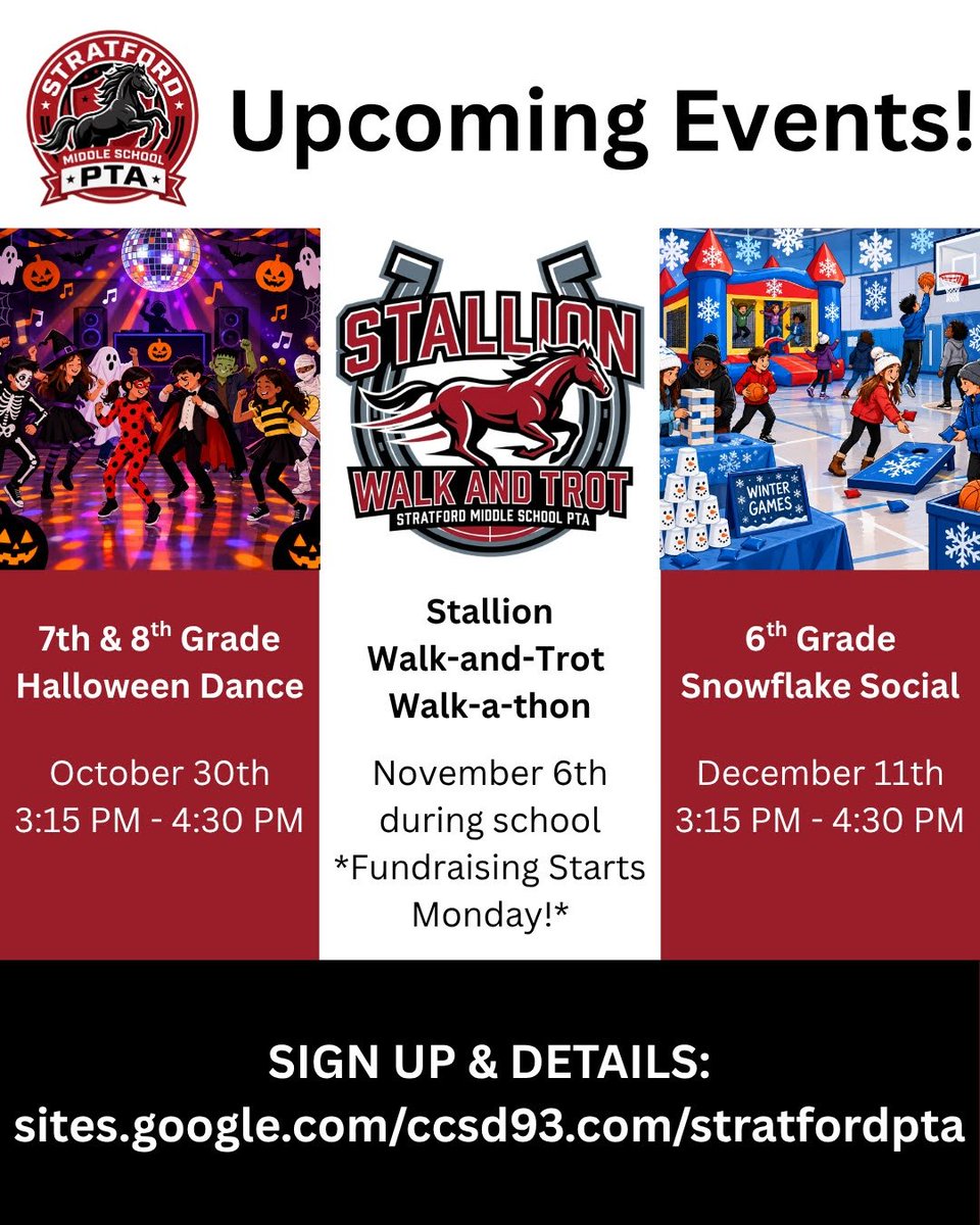 MiddlePta's tweet photo. Mark your calendars, Stallions! 🐎✨ Three huge Stratford Middle School events are coming up.
Sign up, register, &amp; get details here:
👉 https://t.co/OHioFd2YwV https://t.co/r8eRDfkzrr