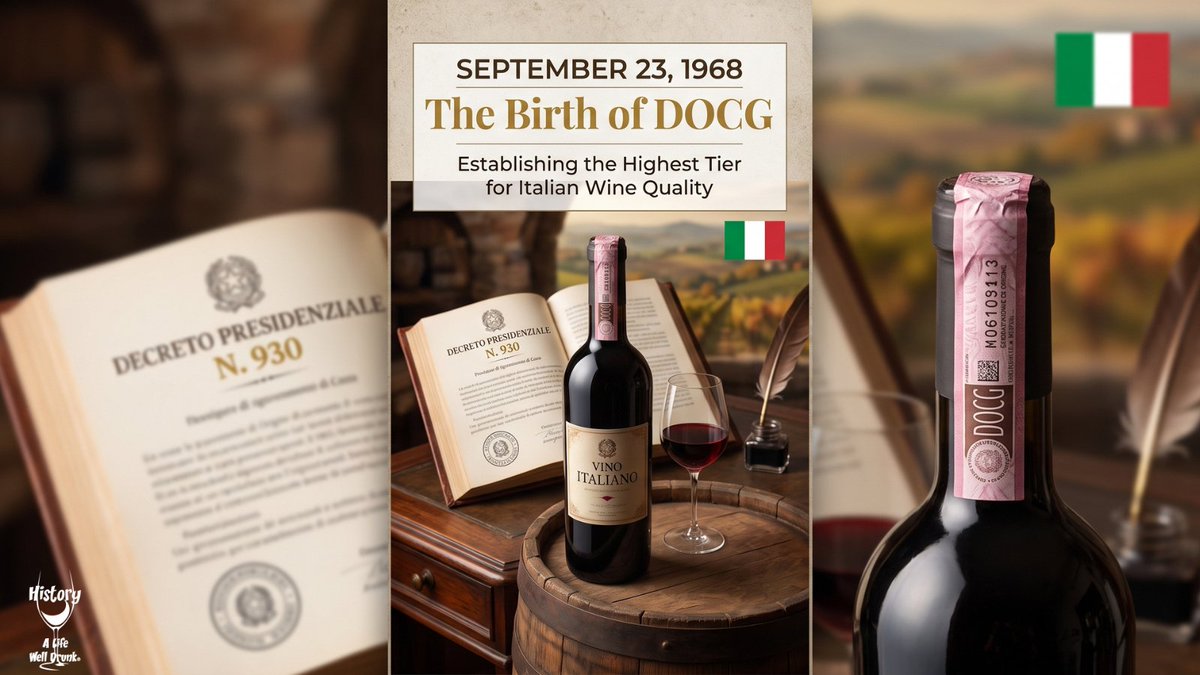 ALifeWellDrunk's tweet photo. September 23, 1968: Italy established DOCG under Decree No. 930, setting stricter standards with tasting approvals, lower yields and anti-counterfeit neck strips. This framework paved the way for Italy's finest wines like Brunello di Montalcino. #WineHIstory #WineEducation #Italy https://t.co/qDekVhGmyM