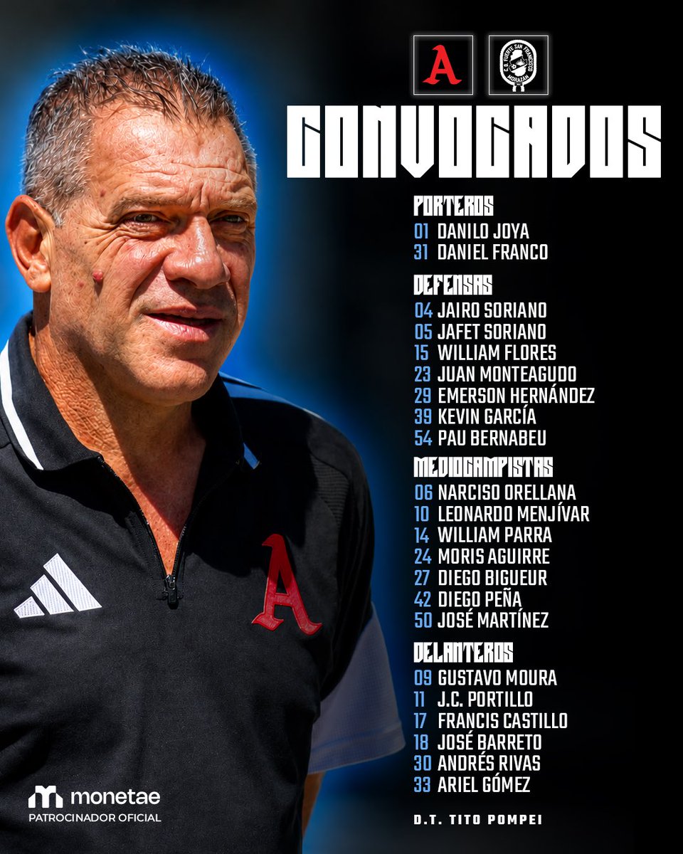 AlianzaFC_sv's tweet photo. 📋 𝑳𝒊𝒔𝒕𝒂 𝒅𝒆 𝒄𝒐𝒏𝒗𝒐𝒄𝒂𝒅𝒐𝒔 ✍🏼

✅ La convocatoria de esta noche para la Jornada 9. 

¡VAMOS! 👊🏼

#AlianzaFC 🅰️ https://t.co/8MWsjPuuyH