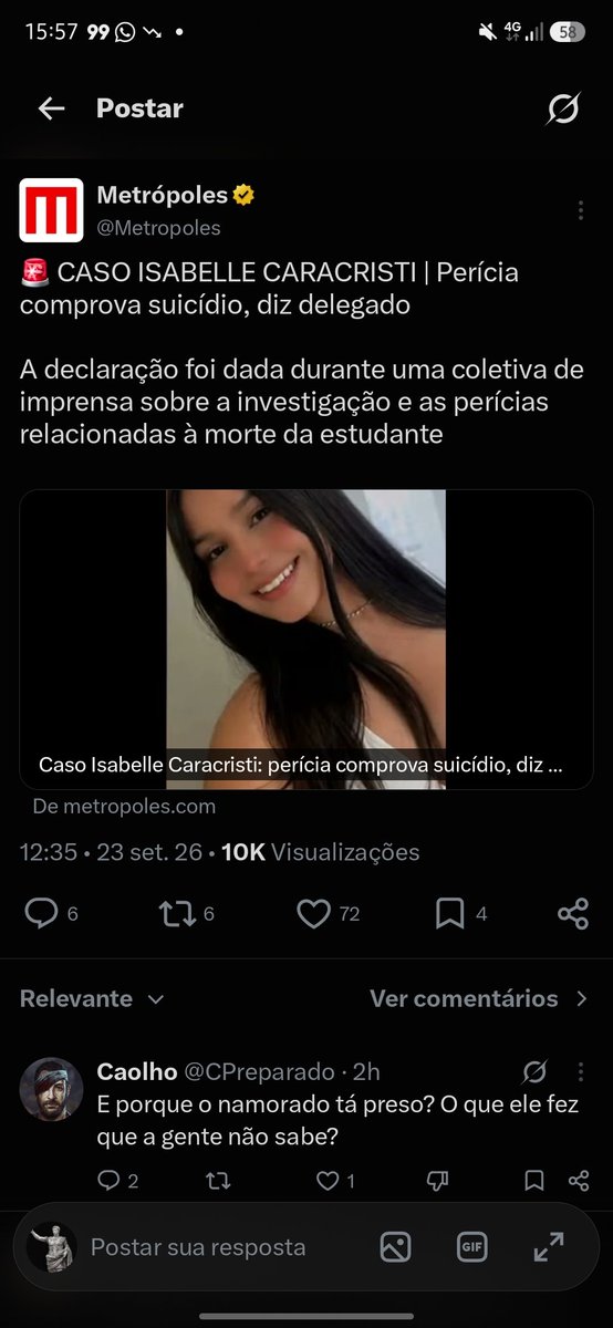 Impetum01's tweet photo. @DojinhaOliver @diarioonline Estar certo nao me deixa feliz. Mas o namorado dela pode ter instigado ela ao suicídio, o que é crime. 
A lição que fica pra esse caso, é uma preocupação para as meninas irem mais devagar nos relacionamentos.

Perto de uma pessoa psicopata e sem suporte, todas são alvos fáceis. https://t.co/fQ3Ydiz80U