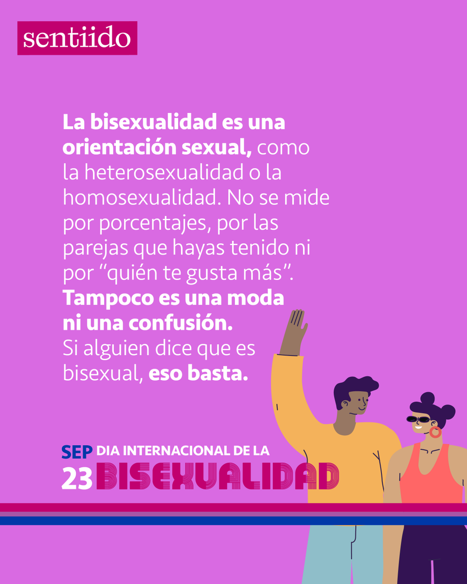 Sentiido's tweet photo. 👉La bisexualidad no  se vuelve más o menos válida según con quién hayas salido o hacia qué género hayas sentido más atracción. Hoy celebramos una orientación sexual que ha existido siempre y a quienes han tenido que abrirse camino entre la invisibilidad y los estereotipos. https://t.co/vlNaaQKAYo
